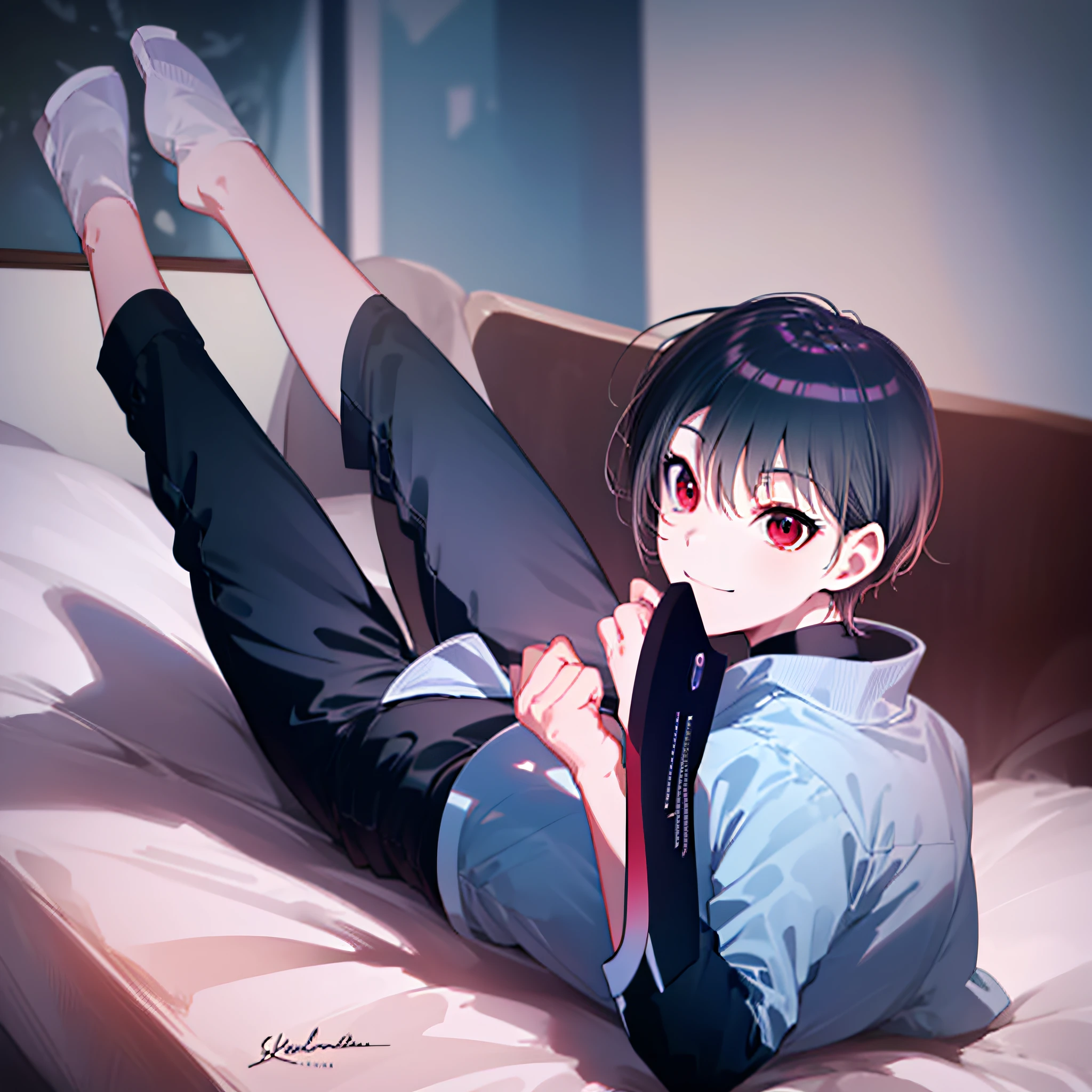 ((masterpiece)), ((best quality)), highres, (There's only one person), 1boy, kiyotaka ayanokoji, 15-year-old teenage boy, wears a sleepsuit with long black pants, red eyes, short black hair, anatomically correct full body, ((normal legs)), ((He has a male pose)), ((He's lying on his back on the bed looking at his phone inside his room)), ((he has a phone in his right hand)), ((He has a smile)), ((He's looking at his phone)), ((detailed full scenario)), ((mystery)), ((romantic)), ((night setting)), ((Low light)), ((night setting))