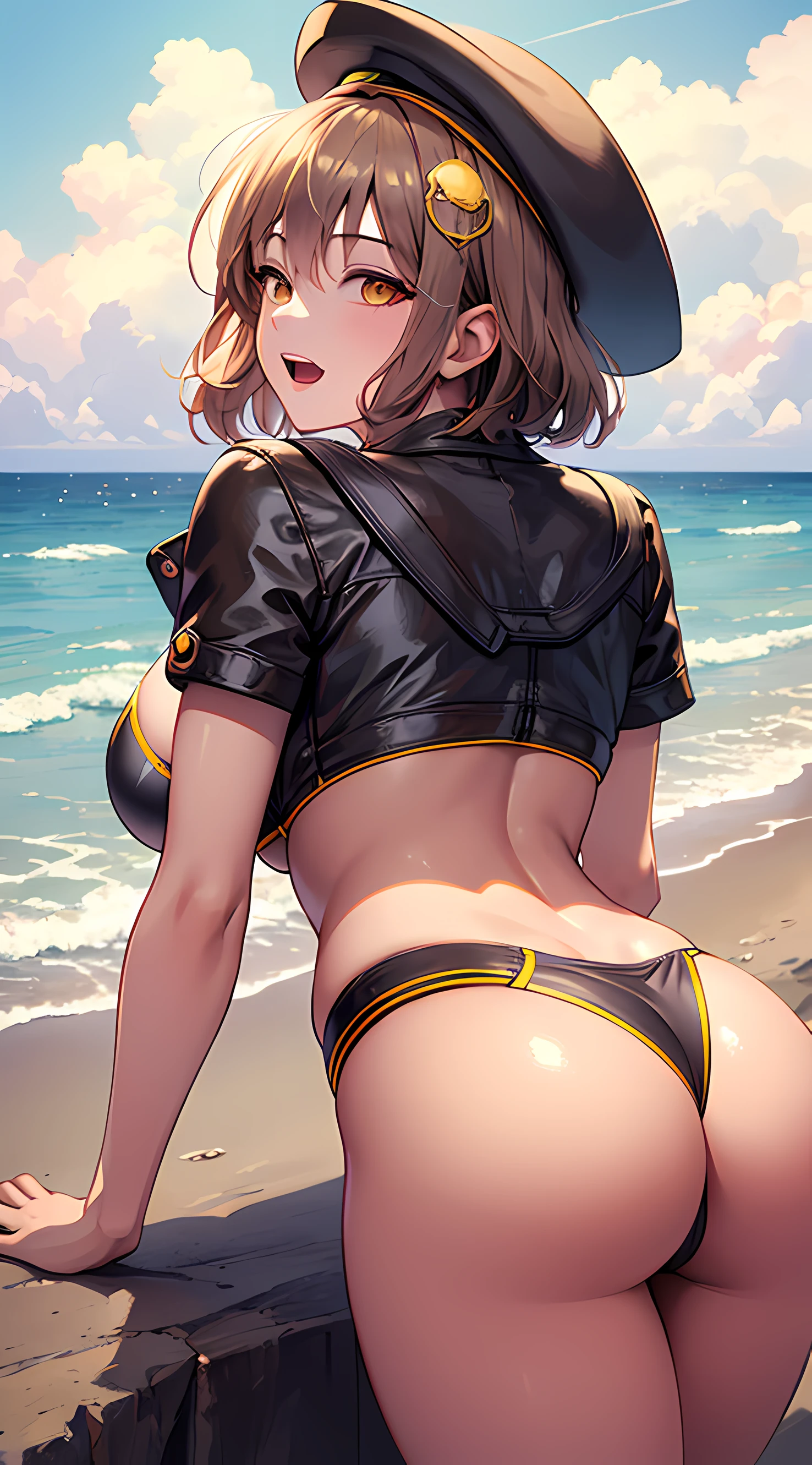 Best Quality, Ultra-Detailed, 1girl, Solo, Nikkeanis, Cross-Eyed, short_hair, open_mouth, Large Breasts, Bending Down, Near, Back, Normal Hip, brown_hair, hair_ornament, brown_eyes.yellow_eyes, Beret, Cowboy Shot, (Bikini:1.3), Beach, Summer, Silky Pale White, Shiny Skin