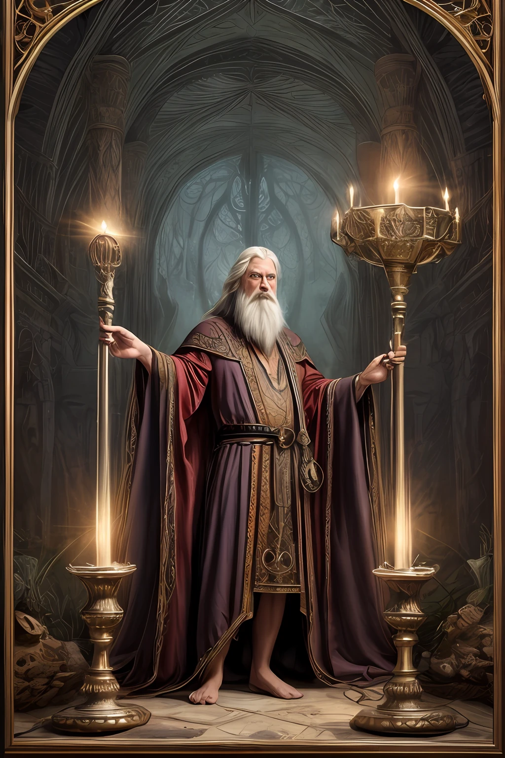 ((Best quality)), ((masterpiece)), ((realistic cartoon)), ((perfect character)):

In this stunning and highly detailed realistic cartoon, we present a mage summoning his enchantments in a mystical world. The mage stands tall, clad in intricate and detailed mage robes, complete with flowing garments and ornate patterns. His face is adorned with a long, white beard, adding to his wise and aged appearance.

With a majestic staff in hand, the mage channels the power of magic, conjuring dazzling rays and ethereal energies. The scene is set in a thematically rich environment, filled with magical artifacts, ancient tomes, and mystical symbols that enhance the ambiance. The lighting, crafted with a cinematic touch, casts a spellbinding glow, emphasizing the magical aura surrounding the mage.

Every element of this masterpiece is carefully designed to create a sense of realism and immersion. The intricacies of the mage's clothing, the mesmerizing effects of his conjurations, and the level of detail in his weathered face all contribute to a captivating visual experience. This artwork is presented in stunning UHD resolution, allowing you to appreciate every nuance and intricacy in breathtaking detail.

Eye level, scenic, masterpiece.