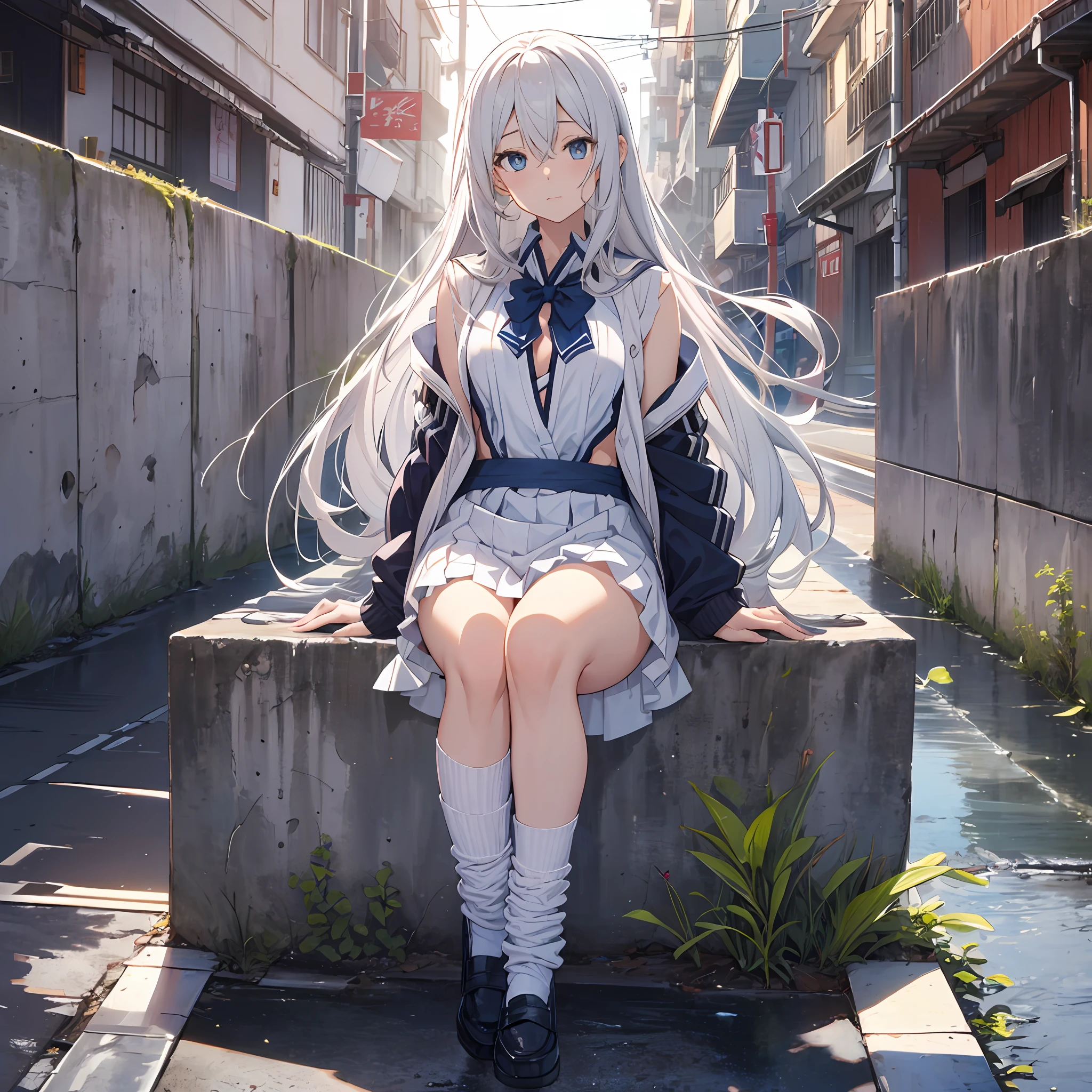 ((Best Quality, 8K, Best Masterpiece)) Anime characters with long gray hair and blue eyes, Anime visuals of young women, Today's featured anime stills, God of White Hair, official art, cute girl anime visuals, Popular isekai anime, Tsuaii, Marisa Kirigami, Anime movies, TV anime still, Isekai, Hestia, Albedo of Anime Overlord Transparency 16 years old White loose socks sailor suit