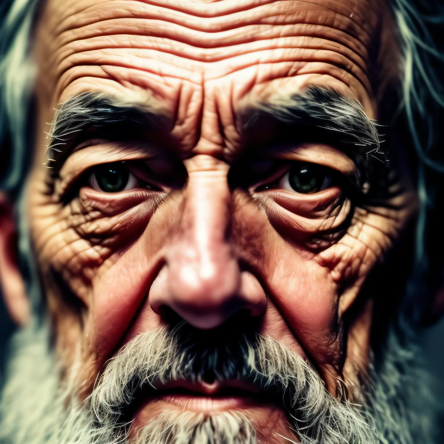 a realistic photo portrait of an old man with a gray beard, intense look, Someone