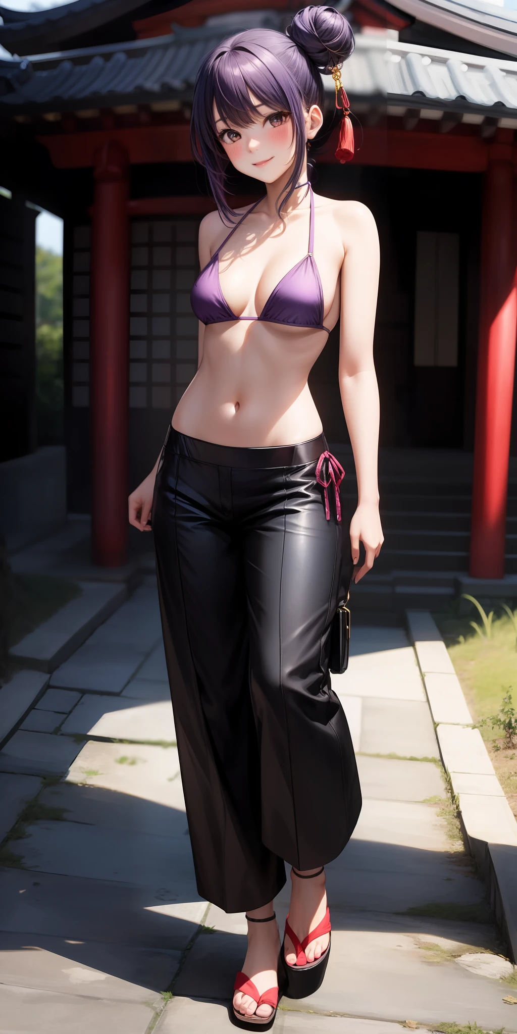 best quality, masterpiece, (leaning: 1.4),
1girl, yuzuriha_(jigokuraku), purple hair, brown eyes, ninja, bikini, neckline, small breasts, topknot, medium hair, breasts apart, seductive smile, pants, (blush: 1.1), Japanese exterior, temple,