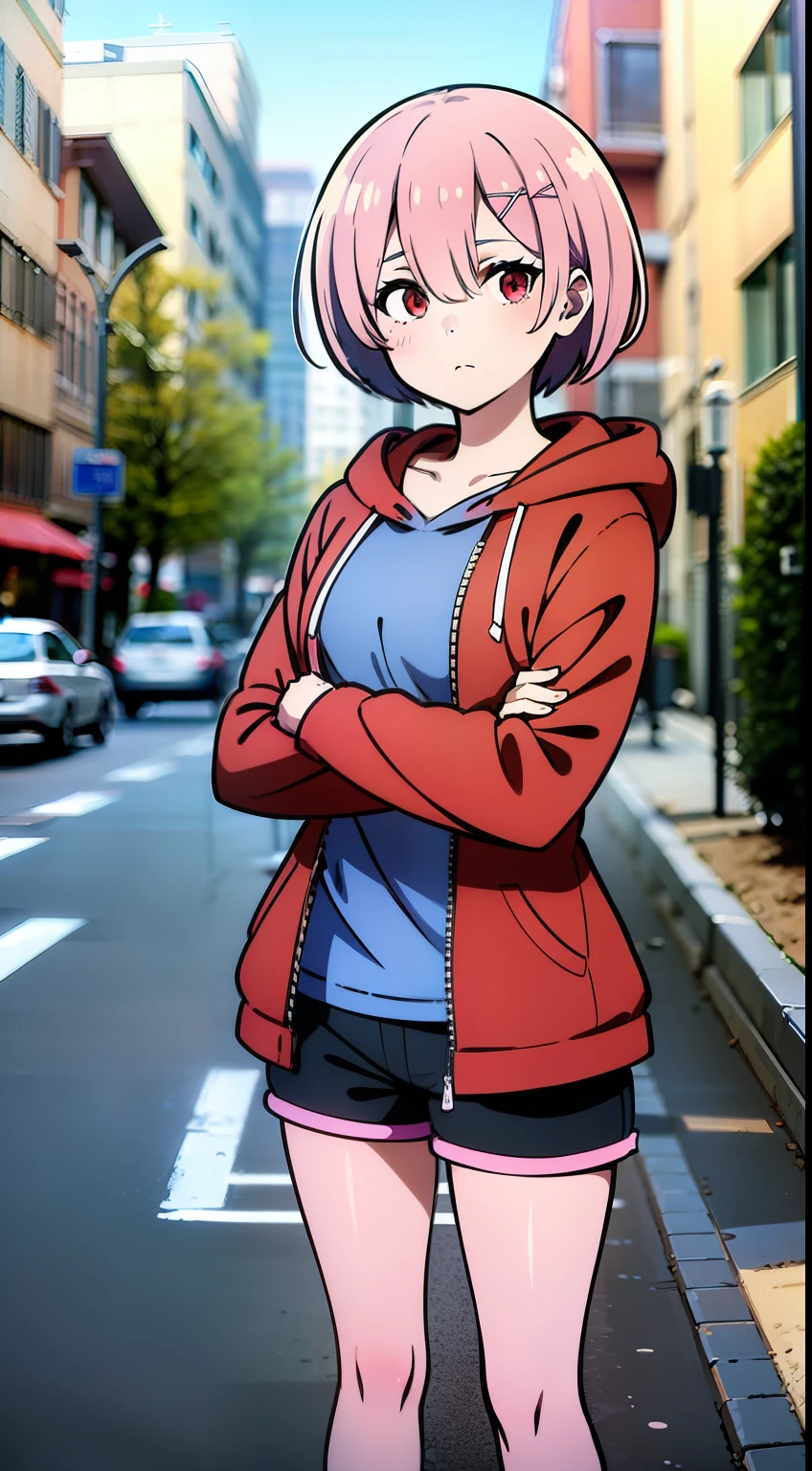 masterpiece, rem rezero, pink hair, red eyes, detailed eyes, neutral face, half-closed eyes, red jacket hoodie, blue shirt, dark shorts, pantyhose, casual oufit, crossed arms, standing in the middle of the street, legs apart, looking at the viewer,