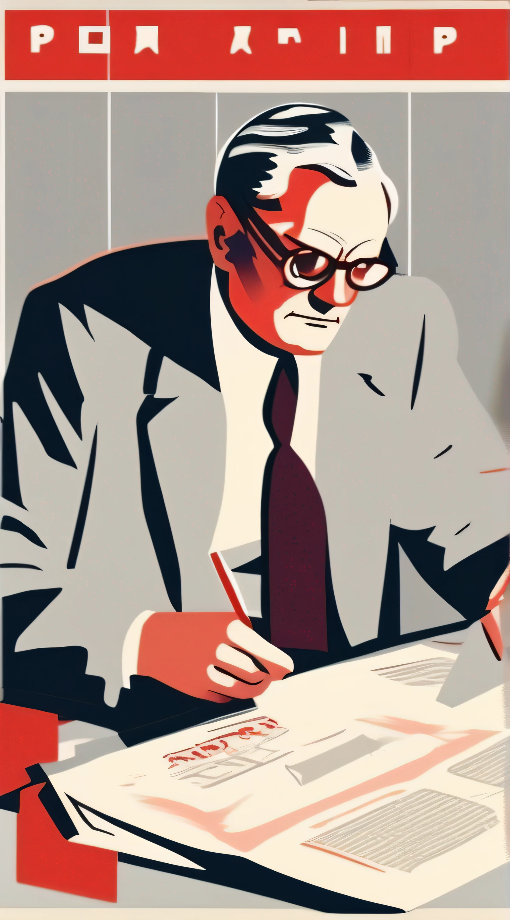 Soviet propaganda poster, a former professor in a gray suit and glasses reviewing documents in his office, white background, red letters in Russian, minimalist illustration in three colors.