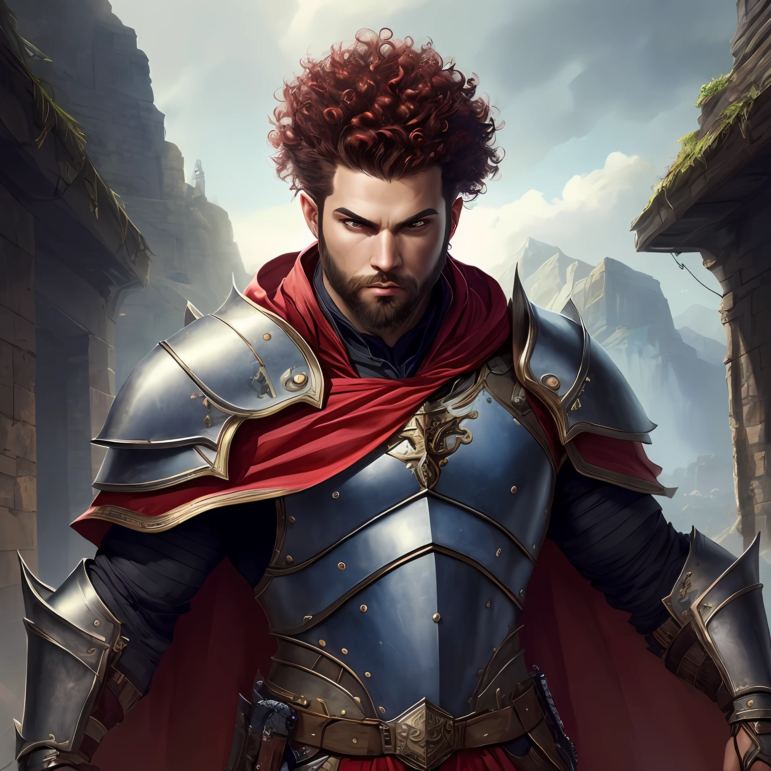 man with short beard, epic rpg portrait, fantasy male portrait, rpg portrait concept art, male warrior, fantasy concept art portrait, epic portrait illustration, detailed character portrait, one human warrior, big black armor with details red, full armor, blue eyes, short hair, red curly hair, dungeons and dragons character, detailed hands, cape , flail