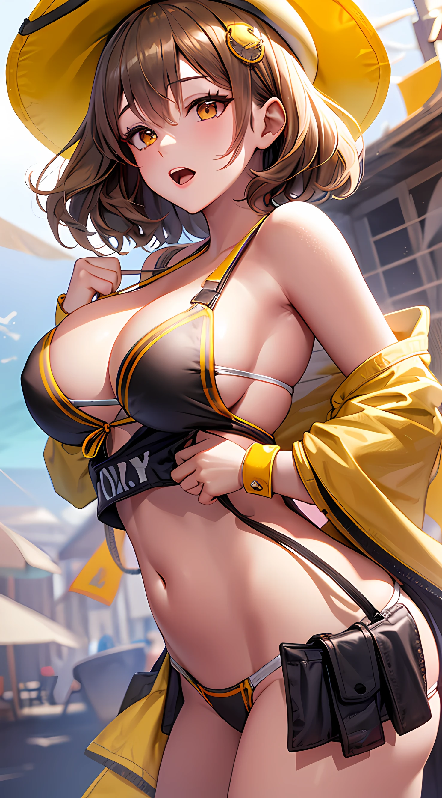 Best Quality, Ultra-Detailed, 1girl, Solo, Nikkeanis, Cross-Eyed, short_hair, open_mouth, Large Breasts, Bending Down, Near, Back, Normal Hip, brown_hair, hair_ornament, brown_eyes.yellow_eyes, Beret, Cowboy Shot, (Bikini:1.3), Beach, Summer, Silky Pale White, Shiny Skin