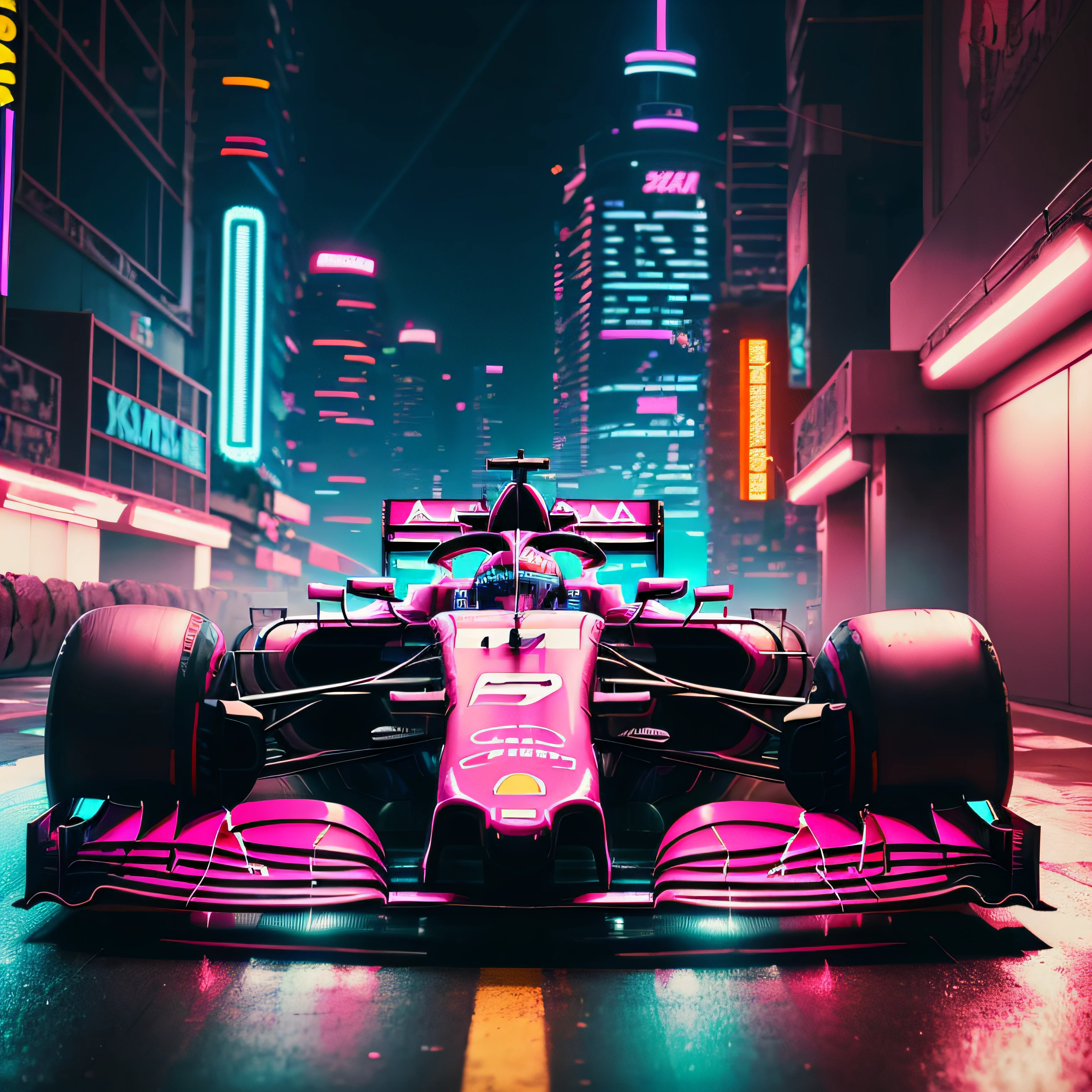 close-up of a Formula-1 in the foreground highly detailed, in a futuristic cyberpunk style city, synthwave, highly detailed image, synthwave colors, night sky