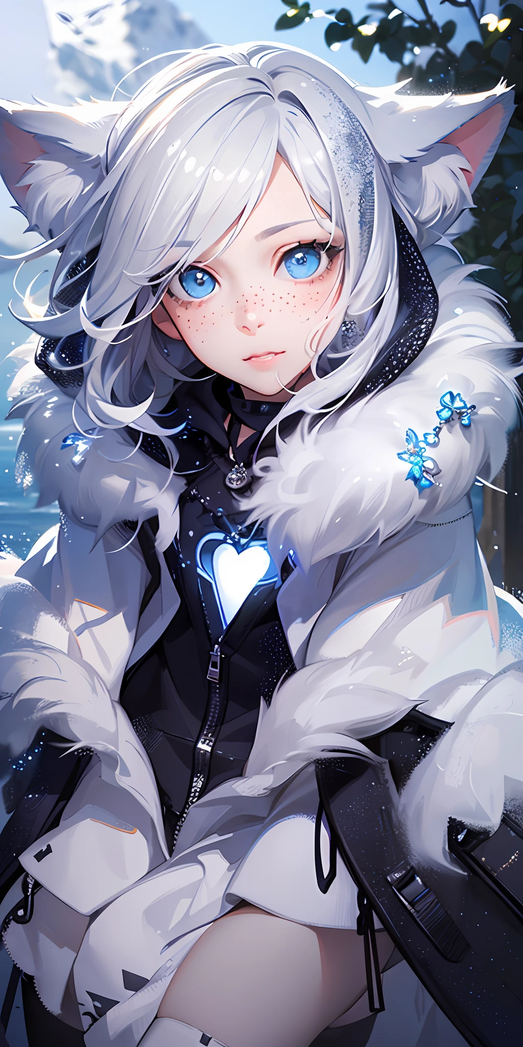 short white hair, (photorealistic:1.4), (masterpiece, sidelight, exquisite beautiful eyes: 1.2), masterpiece*portrait, realistic, 3D face, glowing eyes, shiny hair, shiny skin, solo, embarrassing, (abdomen), cat ears, blue eyes, freckles, blue heart necklace, hoodie, lake and mountains