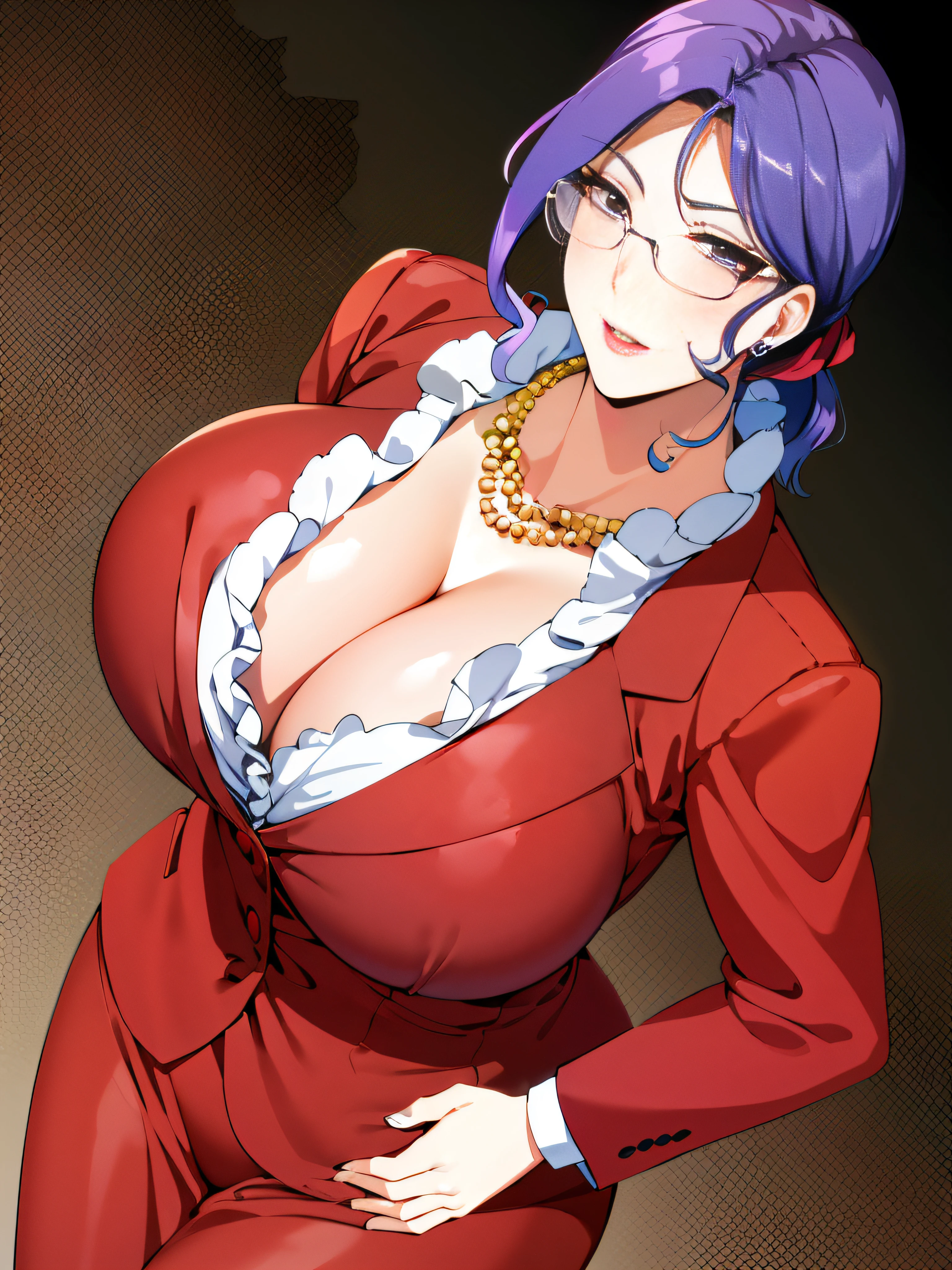 anime - style image of a woman in a red dress with a necklace and glasses, oppai, oppai proportions, big breasts!!, big breasts!, shalltear from overlord, with a large breasts, royal elegant pose, misato katsuragi, maya fey from ace attorney, ((wearing aristocrat robe)), cleavage, with large breasts