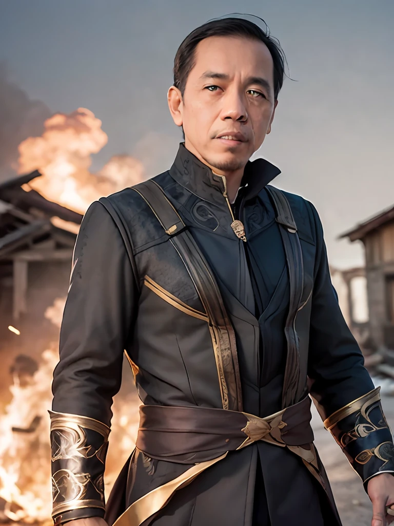 jokowi wear doctor strange outfit, 4k, Best quality, masterpiece, ultra high res, beautiful lighting, (realistic, photo-realistic:1.4), realistic background,1man, 50 years old, standing potrait photo, Long shot, wide shot, full shot, explosion background, use Fire-and-forget Destruction spell on right hand