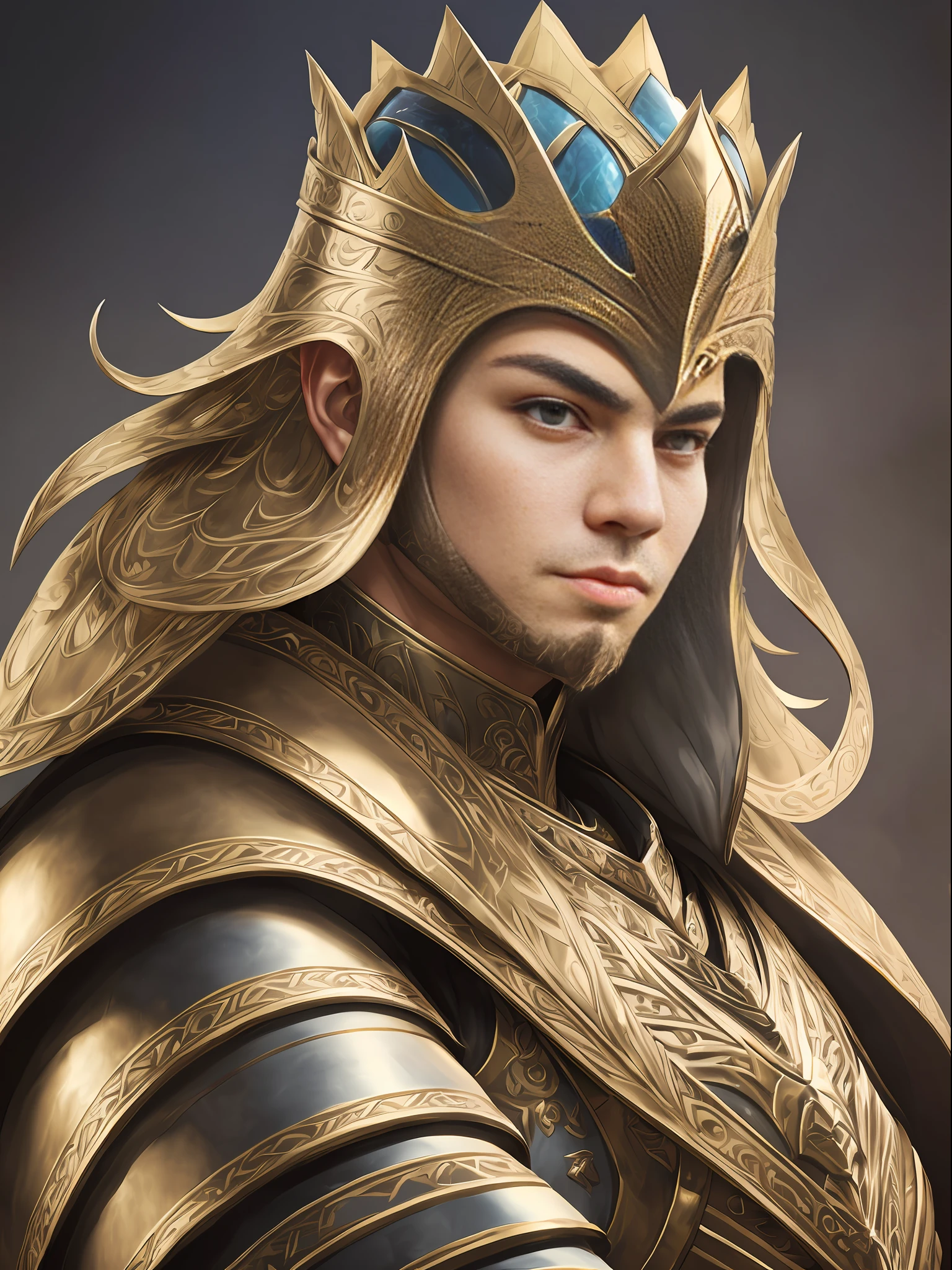 A flat first general of a man in stylized suit with a crown and armor inlaid with shiny stones, mythological god, silver armor with gold lace designed of details, exuberant designs, very real, royalty, powerful, laughing, hyper-detailed fantasy character, behance fantasy art, epic fantasy digital art style,  epic fantasy art portrait, epic boy wizard character, fantasy character portrait, panoramic, wide, detailed detailed background meticulous, [ trends in CGSOCIETY ]!, dressed in light armor, beautiful celestial wizard, exquisite epic character art, trendin in artstation, complex fantasy character, unreal engine 5, detail detailing, super extraordinary