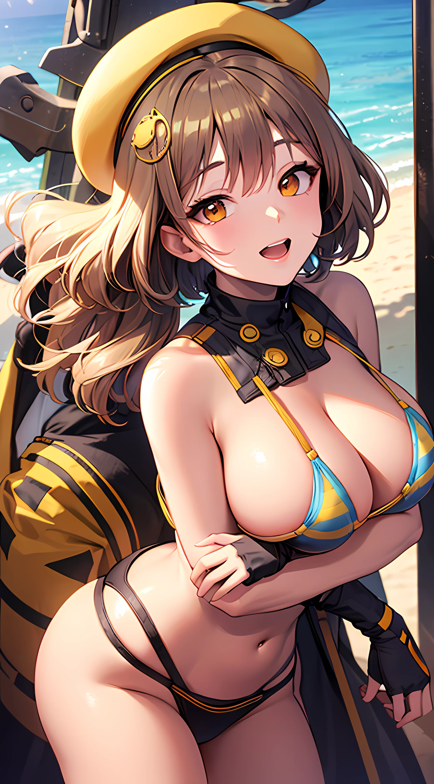 Best Quality, Ultra-Detailed, 1girl, Solo, Nikkeanis, Cross-Eyed, short_hair, open_mouth, Large Breasts, Bending Down, Near, Back, Normal Hip, brown_hair, hair_ornament, brown_eyes.yellow_eyes, Beret, Cowboy Shot, (Bikini:1.3), Beach, Summer, Silky Pale White, Shiny Skin