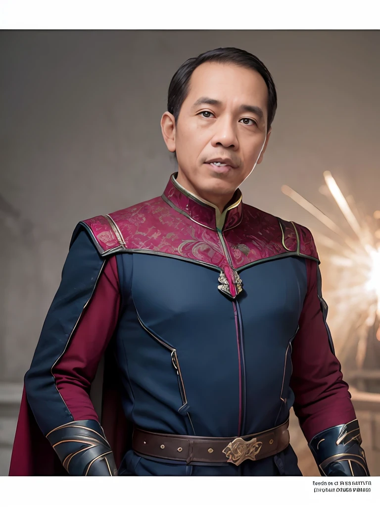 jokowi wear doctor strange outfit, 4k, Best quality, masterpiece, ultra high res, beautiful lighting, (realistic, photo-realistic:1.4), realistic background,1man, 50 years old, standing potrait photo, Long shot, wide shot, full shot, explosion background, use "I invoke the Hosts of Hoggoth." spell