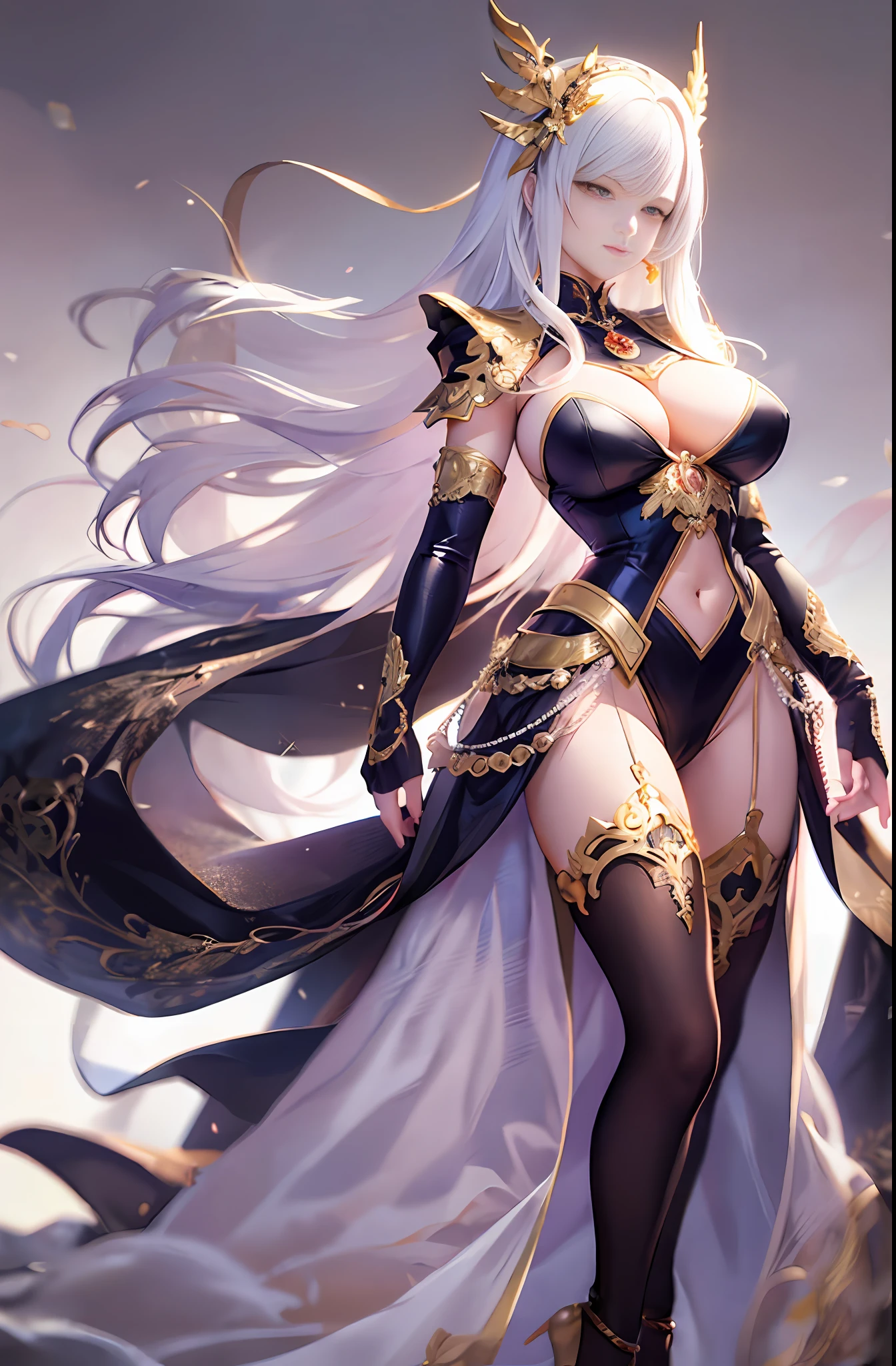 Master anime work, impeccable masterpiece, a mature noblewoman standing on a pure white background in a cool and sexy costume, female boss, flowing silver hair, full body standing, slender legs, straight breasts, detailed face details, natural and beautiful standing posture, vivid and real body details
