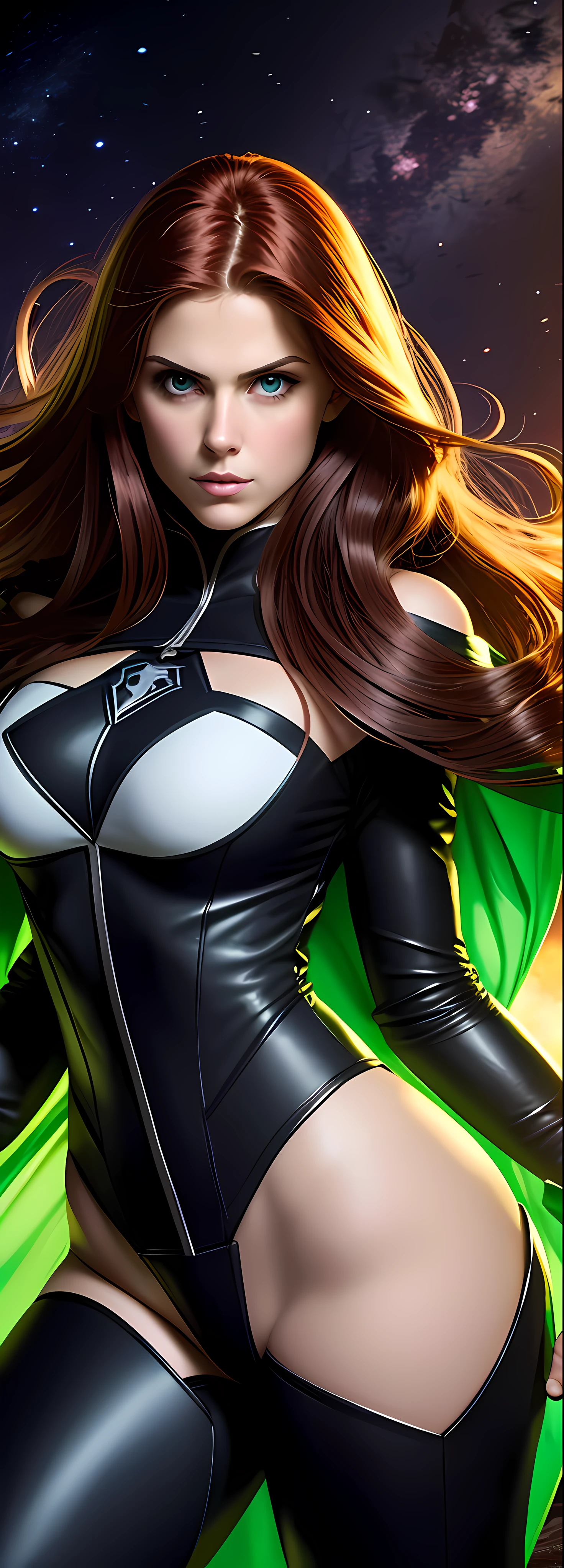 full body photographic portrait, from head to toe, of Rogue Rogue Rogue (Anna Marie) Alexandra Daddario, furious round eyes colorful and realistic, dark and dark atmosphere, superheroine costume, (normal breasts and ass), awesome illustration, very beauty IA woman, long red hair with many white locks on the front, classic costume, Rogue X-man comic 90s,  green and yellow pasted costume, perfect mouth and lips, Godmachine style, a deep dark space atmosphere, space background, realistic, staring at camera, wearing a very sexy X-Man Rogue HQ cosplay costume