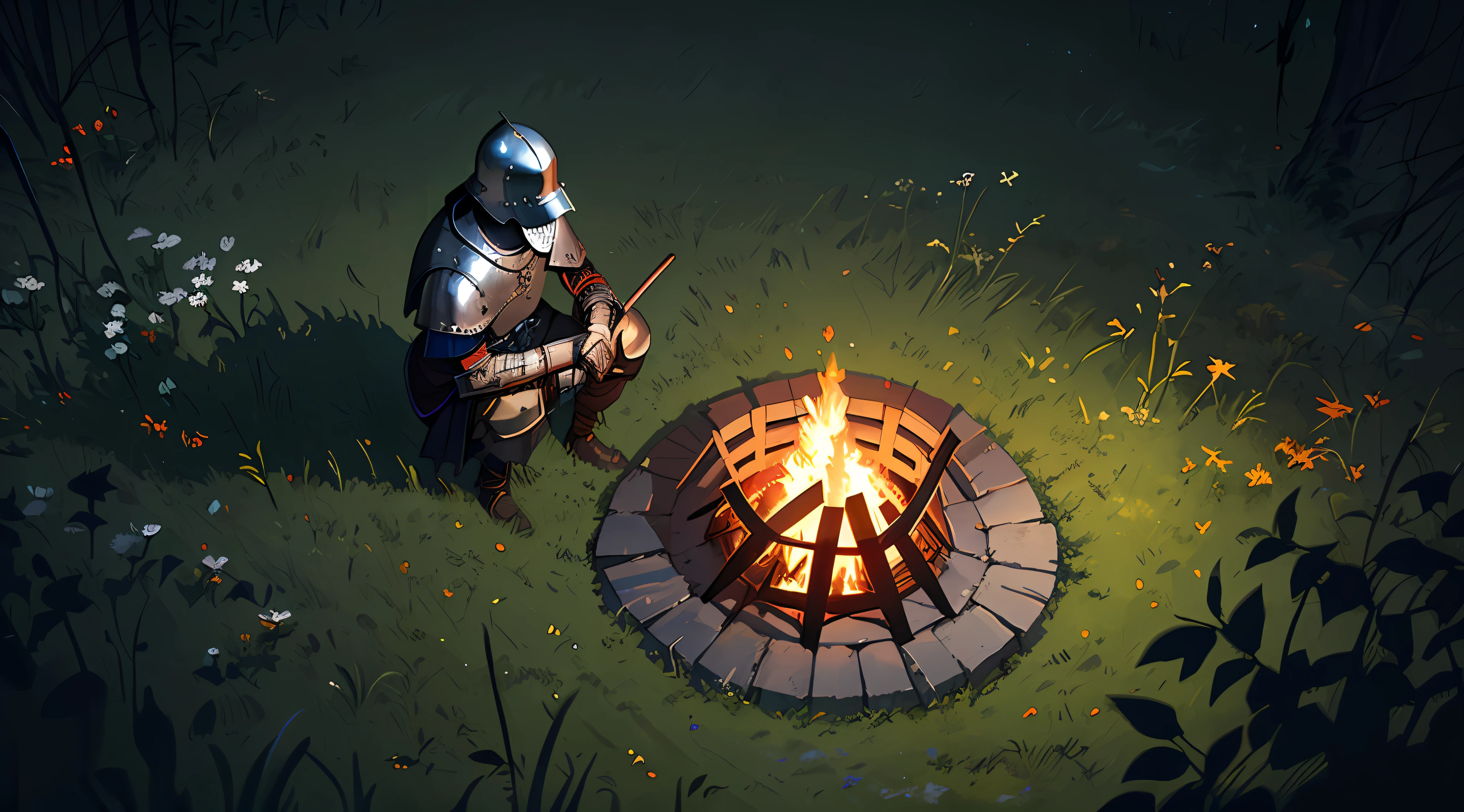 (8k unit wallpaper CG extremely detailed, masterpiece, best quality, ultra-detailed), (((solo)))), (wide shot) (top view), a medieval warrior resting next to a bonfire, Medieval helmet, green grass, a small medieval village in the background far away, dark Souls 3, (full body), at dusk, (high details), (intricate details), intricate, incredible high details, highly detailed environment,  illustrator, (masterpiece), art by Greg Rutkowski.