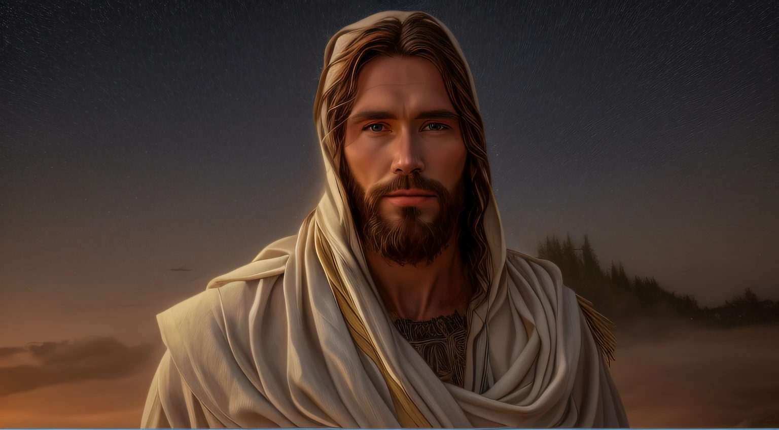 Jesus with a beard and a white shawl standing in a field at night with starry sky, portrait of Jesus Christ, Jesus Christ, Jesus of Nazareth, face of Jesus, Jesus, dressed as Jesus Christ, Greg Olsen, the Lord and Savior, beautiful stunning realistic, digitally painted, handsome man, he is greeting you warmly, handsome man, wonderful, young god almighty, fan art