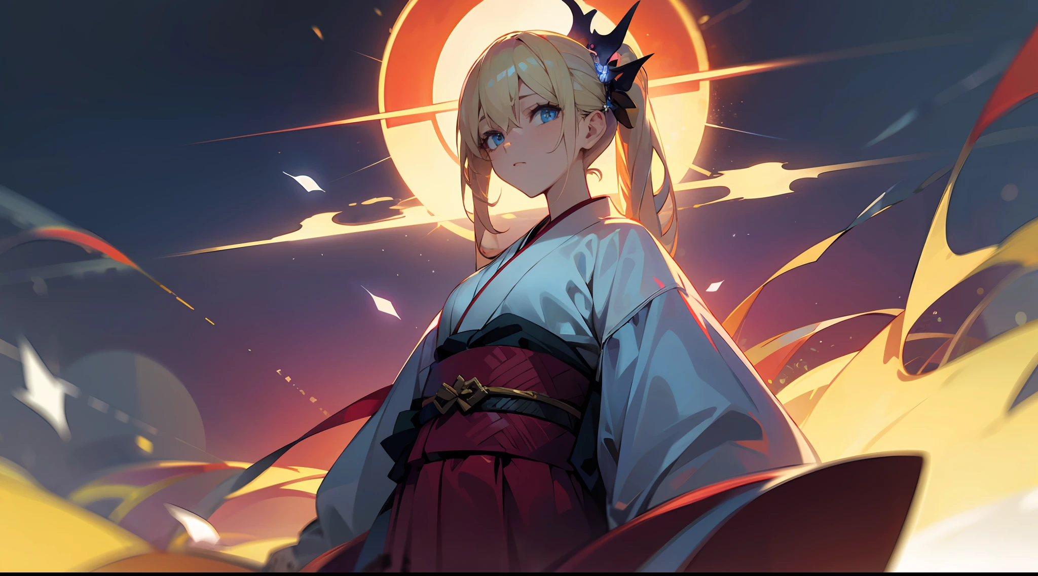 (masterpiece),(exclusive+unique+unusual+original) [brunette with partially blonde hair+yellow-blue eyes:1.2+kimono+joggers], (mystical theme+hell paradise), world