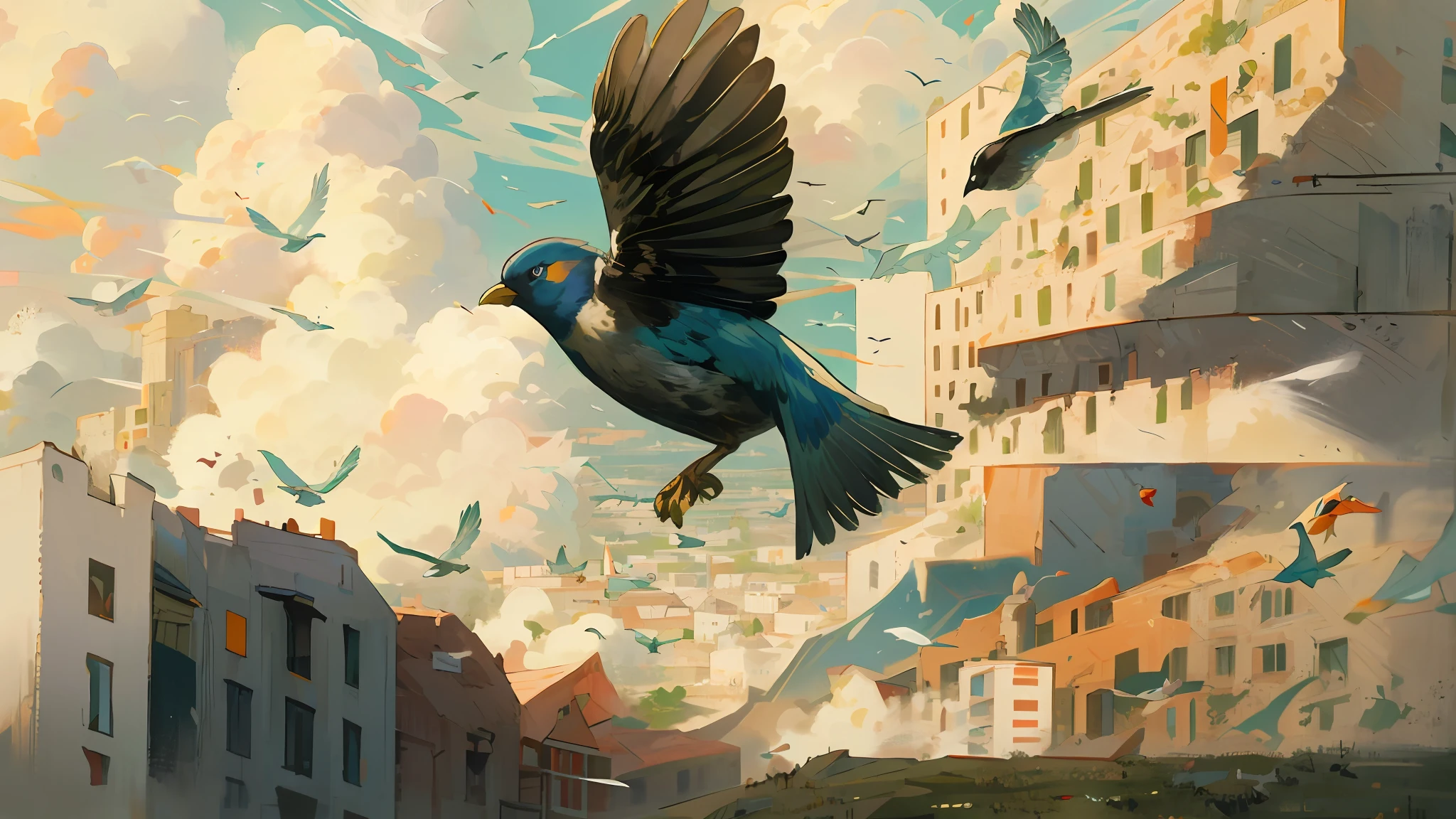 there are many birds flying around a city with buildings, soaring above a dense city, in a flying city, city birds eye view, illustration, birds flying away from explosion, inspired by Jakub Schikaneder, an illustration, by Vladimír Vašíček, victo ngai fine texture, inspired by Victo Ngai