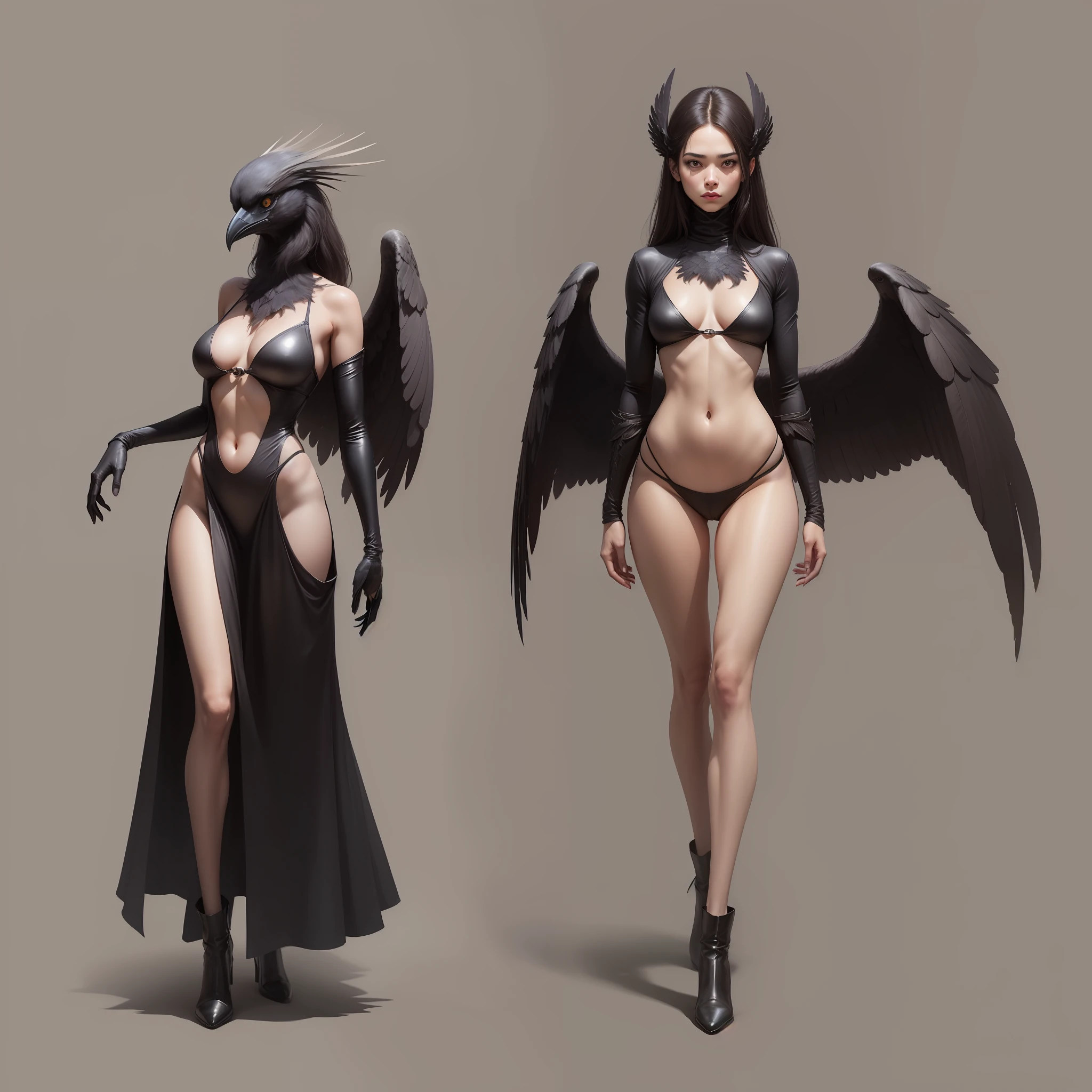 "Half crow, half woman creature: 1,8 ; slim body, fit body, wings instead of arms: 1,7, crow face instead of a woman face: 1,9, anthropozoomorphic"