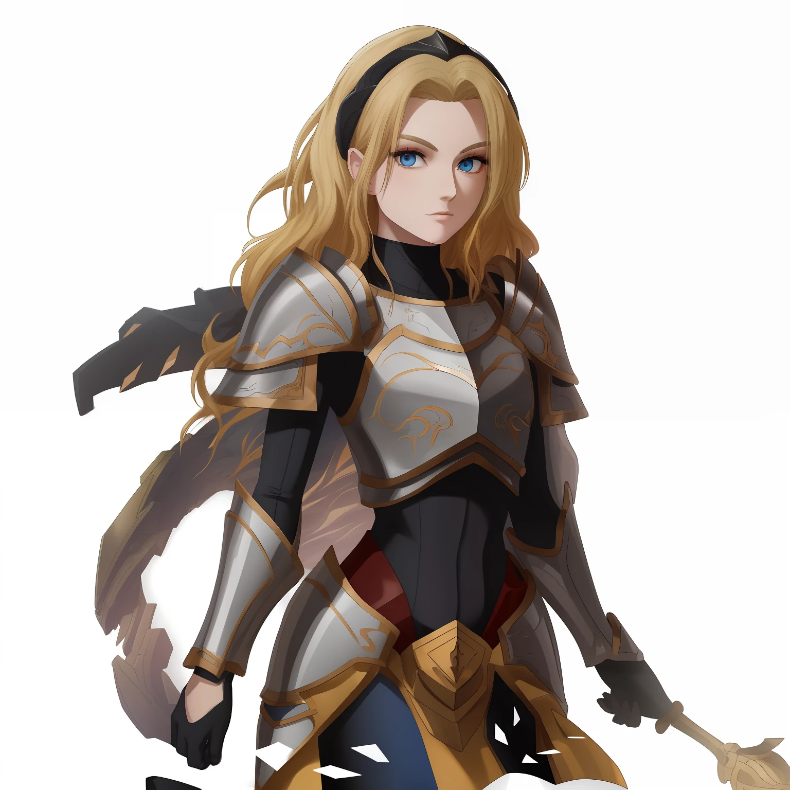 ((Best Quality, 8K, Masterpiece: 1.3)), Body Upper (1.3), Colossal (5), Exceptional Style, , Natural Makeup, Paladin Armor, Straight yellow blonde hair, radiant colors with vivid glow, blue eyes, turns black in smooth hair, Lux Lol