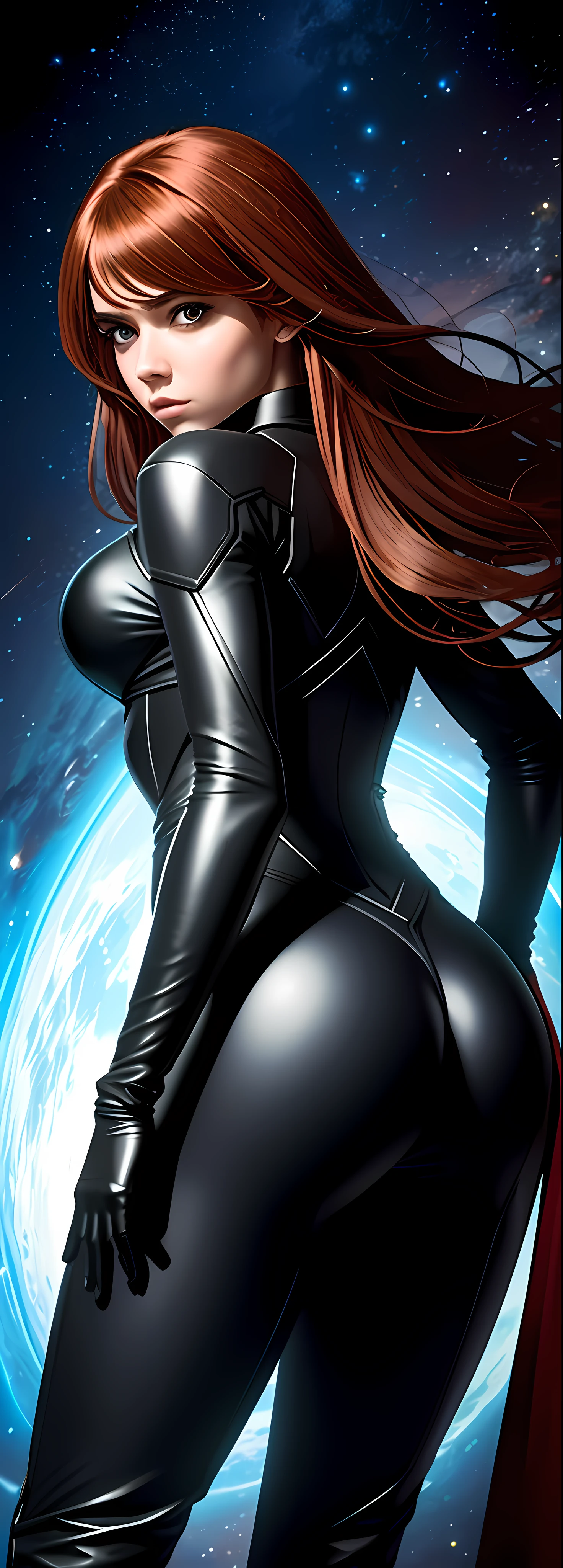 Full body photographic tract, from head to toe, by X-Man Rogue Imogen Poots, furious round eyes colored and realistic, dark and gloomy atmosphere, superhero costume, (normal breasts and ass), awesome illustration, very sexy beauty IA woman, long red and white hair, perfect mouth and lips, Godmachine style, a deep dark space atmosphere, space background, realistic, staring at camera, wearing a very sexy X-Man Rogue cosplay costume