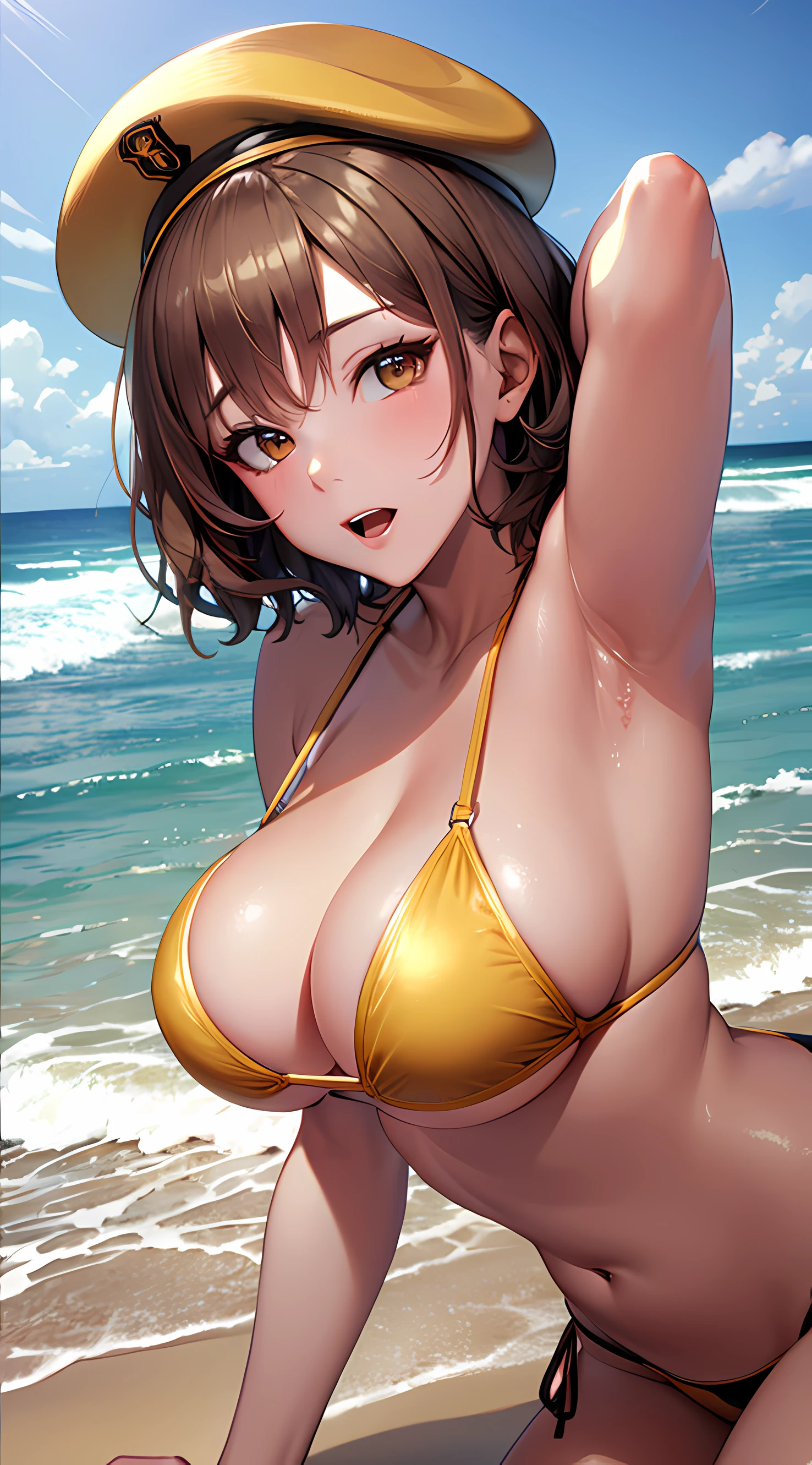 Best Quality, Ultra-Detailed, 1girl, Solo, Nikkeanis, Cross-Eyed, short_hair, open_mouth, Large Breasts, Bending Down, Near, Back, Lying, Cancer Pose, Normal Hip, brown_hair, hair_ornament, brown_eyes, yellow_eyes, Beret, Cowboy Shot, (Bikini:1.3), Beach, Summer, Silky Pale White, Shiny Skin