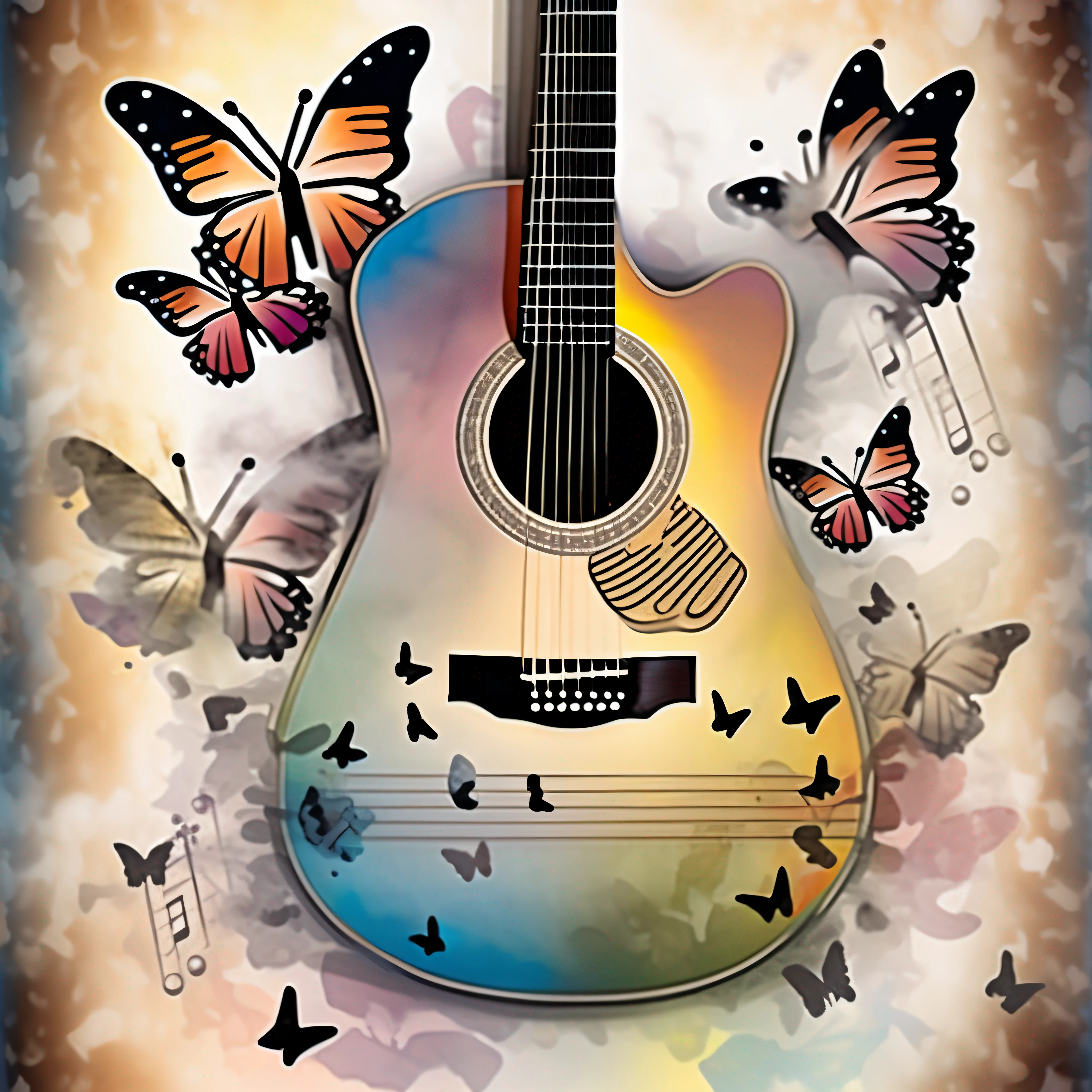 Poster advertised a classic guitar, faded background of subdued colors, multicolored butterflies surround the guitar, musical notes flying around the guitar, slight fog in front of the guitar, many details, black lines furtes, 32 k