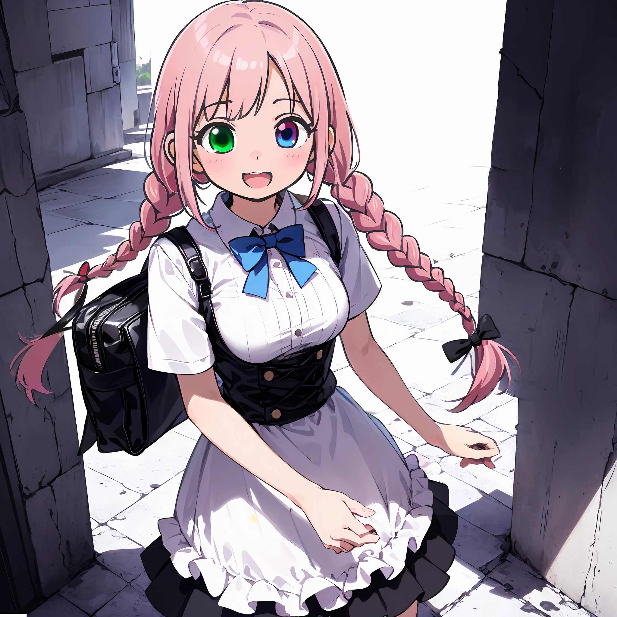 Highly detailed CG Unity 8k wallpaper), (Best Quality), (Super Detail), (Best Illustration), (Best Shadow), POV, Realistic lighting and shading, Natural light, Lens flare effect, ,break 1 beautiful girl, Solo,(cute:1.5),(Chibi:0.8), (kawaii:1.5),(:0.5),break ,{heterochromia,pale blue eyes,pale green eyes:1.5}, star eye silhouette, standing figure, happy, :d, break,((pale pink hair, twin braids, semi-long hair, bow: 1.5)), thin hair, break,large breast,break,short_sleeves,bag,vest,dress,