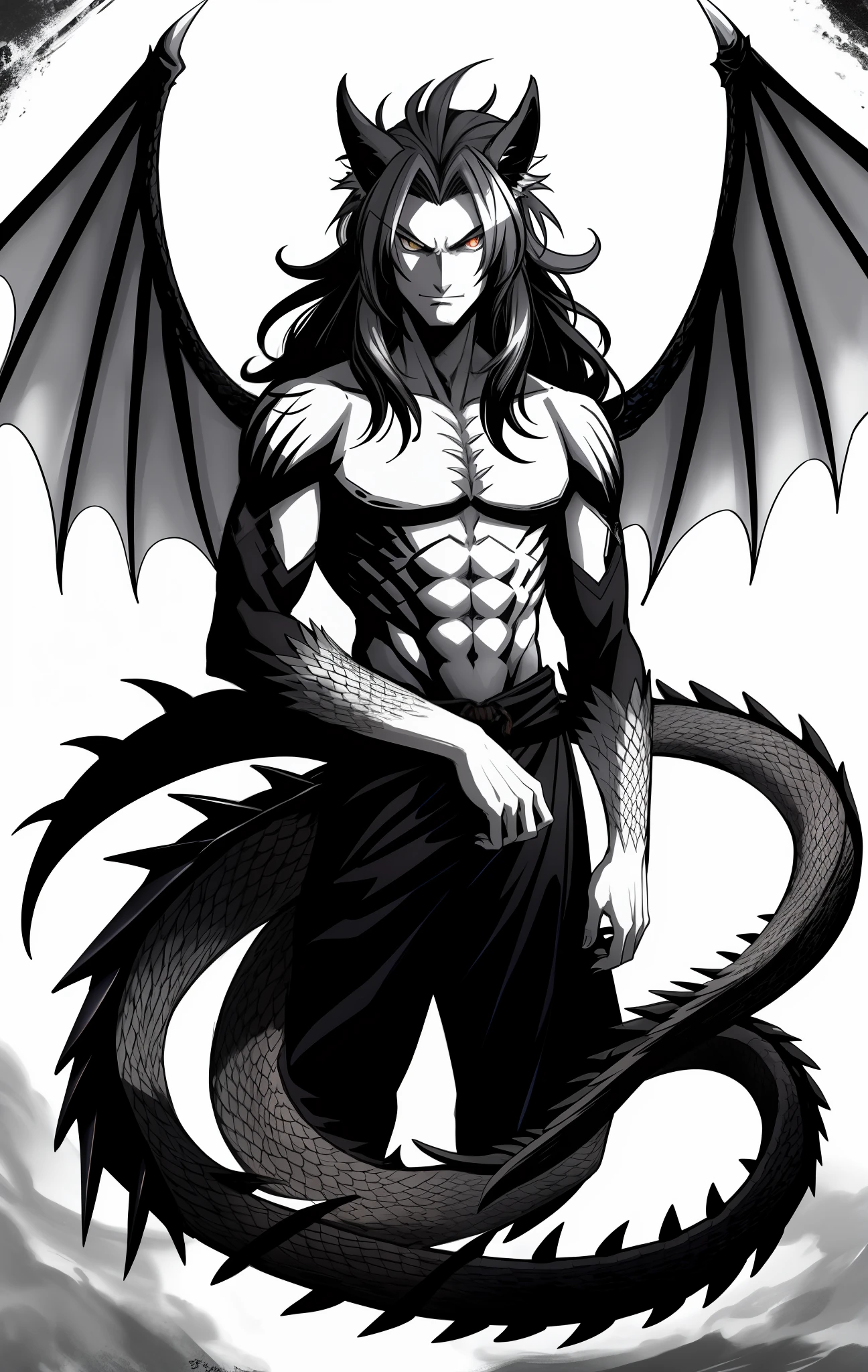 Chimera man with hair that resembles a mane, with three eyes on the left side of his face, dragon wings and with fox tail, evil, young look, scales on the shoulders