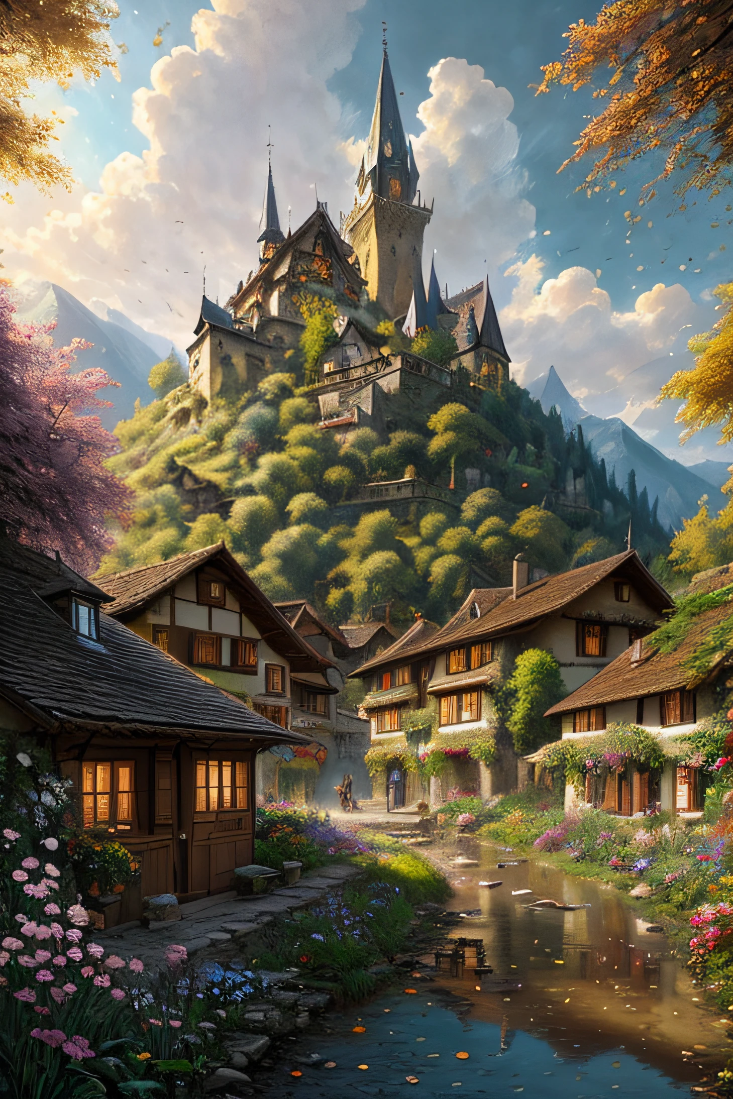 sharp details, a medieval village in switzerland, mess jungle in background, ornate, beautiful, atmosphere, vibe, flowers, concept art illustration, greg rutowski, volumetric lighting, sunbeams, particles, colorful clothes, by Jean-Baptiste Monge, Gilles Beloeil, Tyler Edlin, Marek Okon, Pixar, album art, comic style, golden ratio, perfect composition, a masterpiece, trending on artstation, oversaturated, epic realistic, hdr, intricate details, rutkowski, intricate, cinematic, detailed