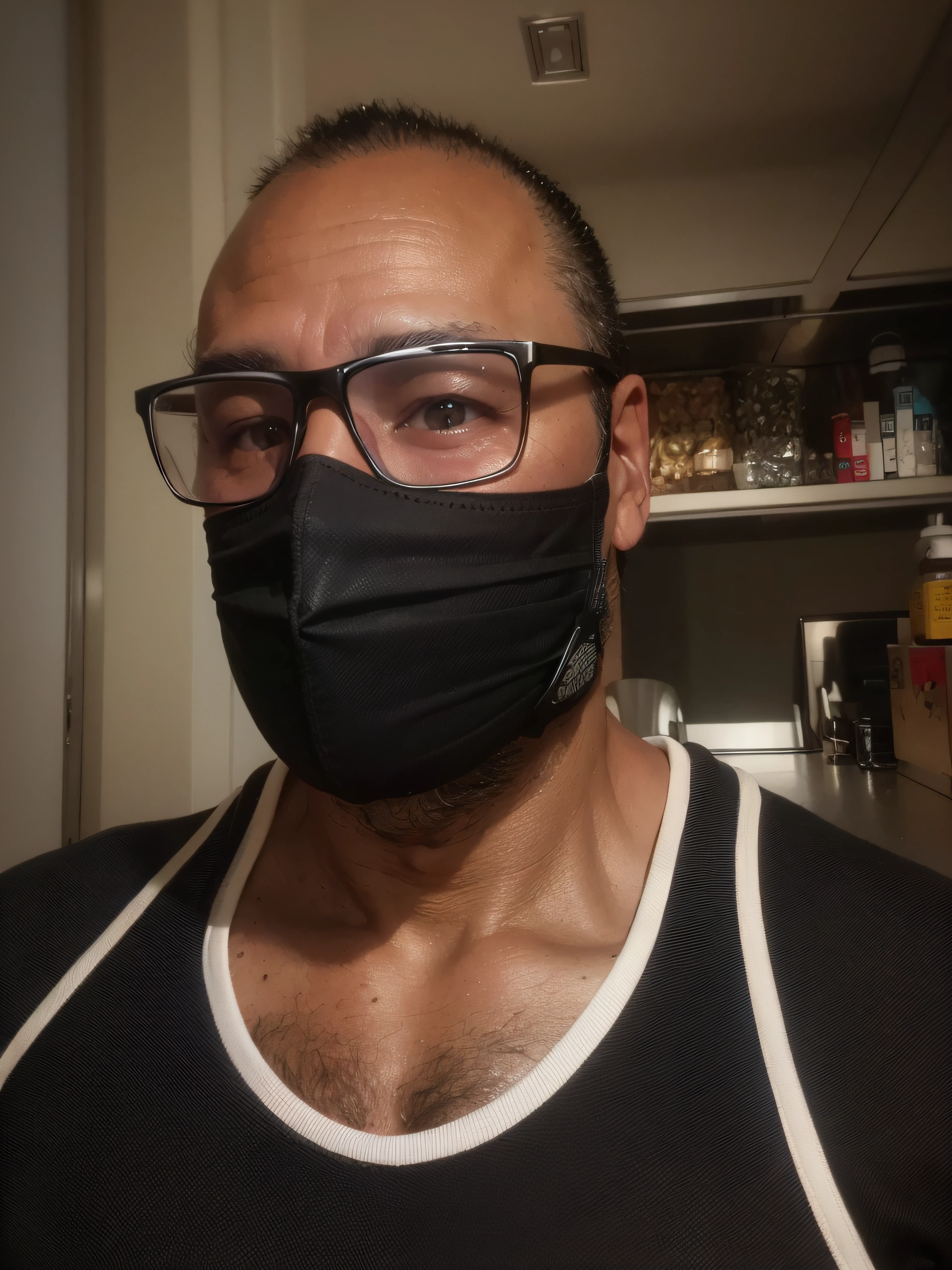 arafed man wearing a black mask and glasses in a kitchen, wearing all black mempo mask, wearing facemask, wearing facemask and sunglasses, wearing bandit mask, wearing mask, white man with black fabric mask, facemask, wearing a mask, face covers half of the frame, black facemask, old man doing with mask, face mask, one single mask