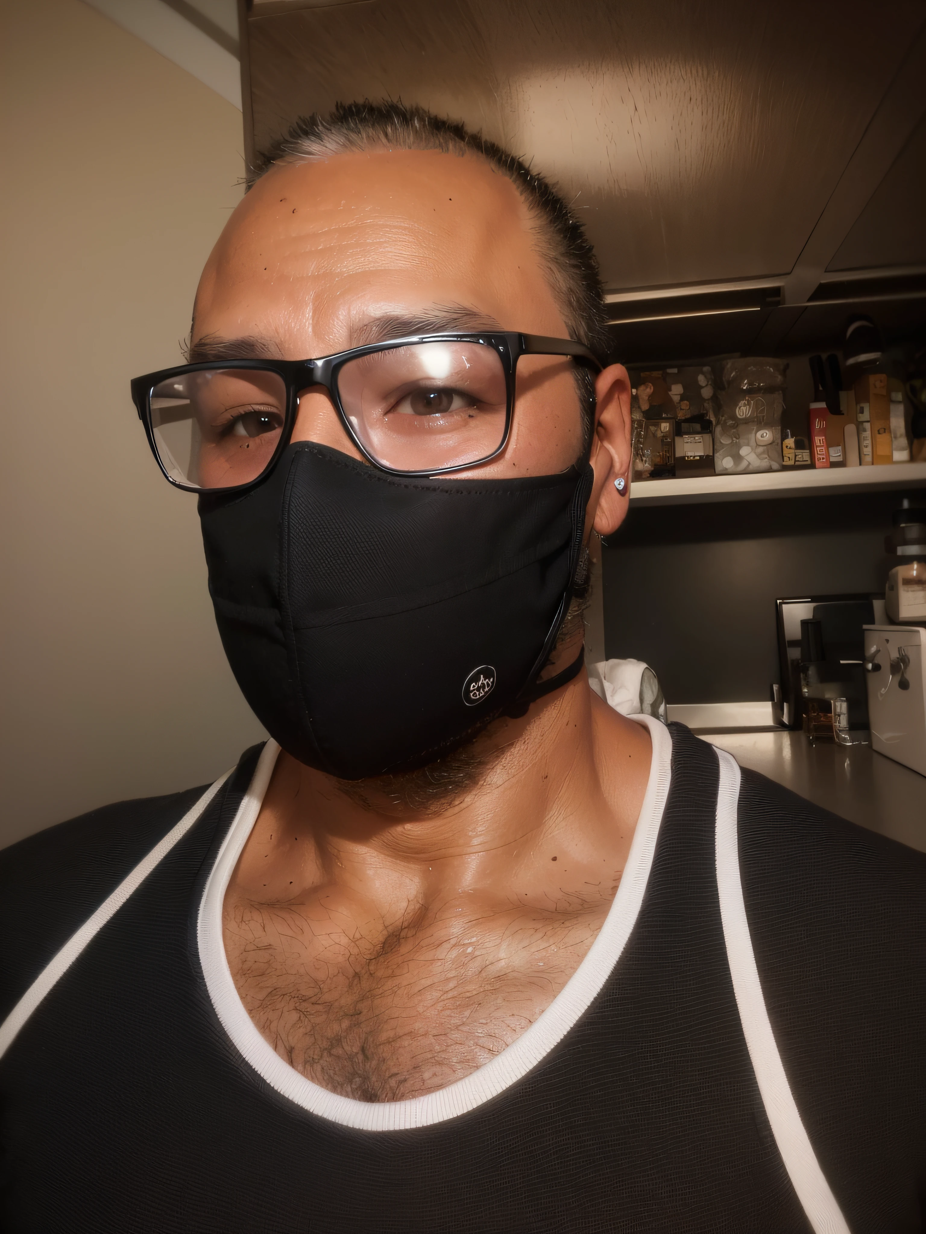 arafed man wearing a black mask and glasses in a kitchen, wearing all black mempo mask, wearing facemask, wearing facemask and sunglasses, wearing bandit mask, wearing mask, white man with black fabric mask, facemask, wearing a mask, face covers half of the frame, black facemask, old man doing with mask, face mask, one single mask