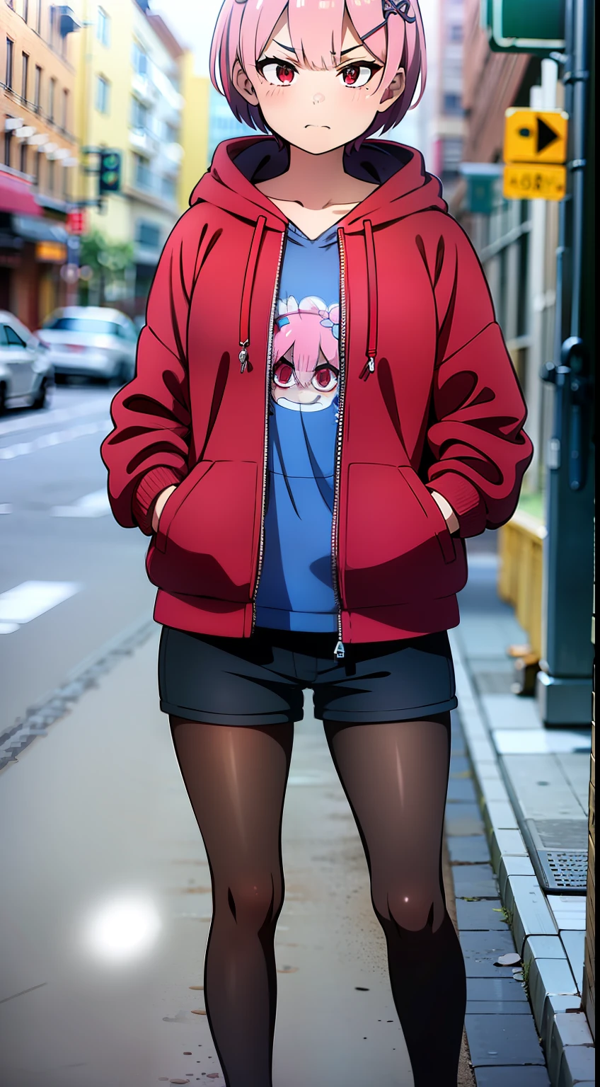 masterpiece, rem rezero, pink hair, red eyes, detailed eyes, slightly angry face, squint eyes, red jacket hoodie, blue shirt, dark shorts, pantyhose, casual oufit, crossed arms, standing in the middle of the street, legs apart, looking at the viewer,