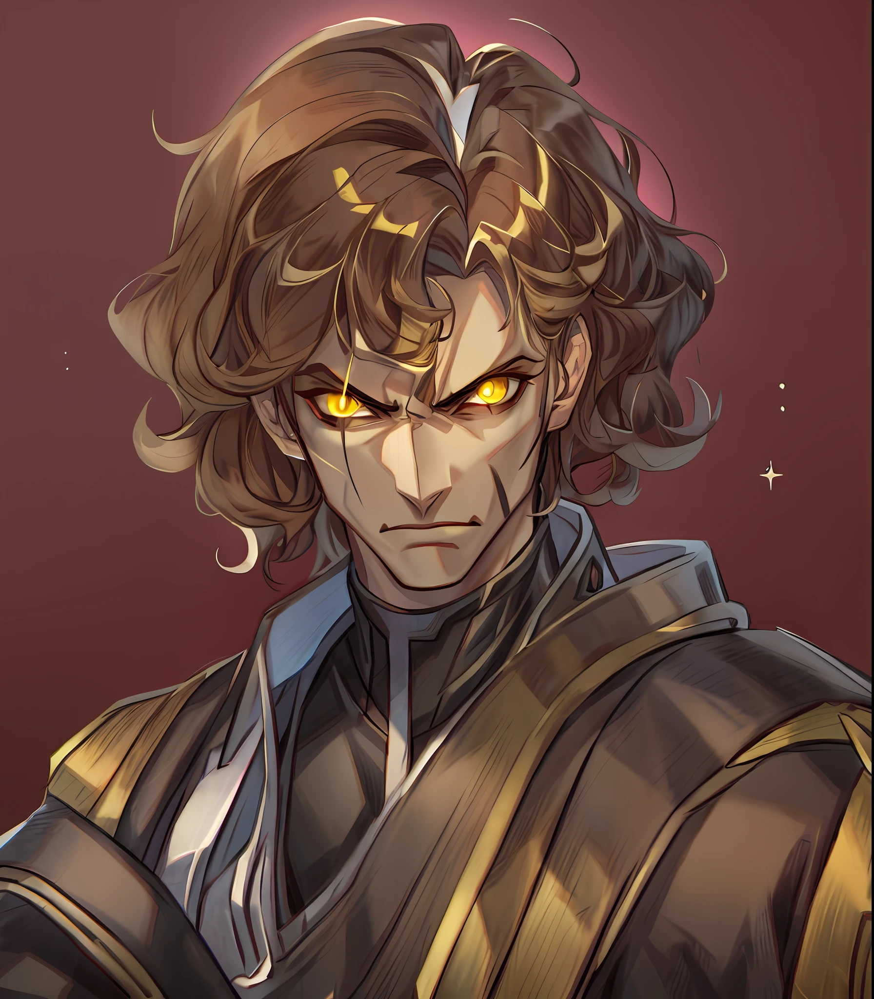 A closeup of a person with a yellow eye and brown hair looking to the side, cute face in Demon Slayer art, Caleb from critical role, Dio Brando, closeup of character art, Dio, Demon Slayer Artstyle, Demon Slayer Rui fanart, Detailed anime character art, Casimir art, male anime character, menacing look, xqc, portrait of a dnd character, closeup character portrait