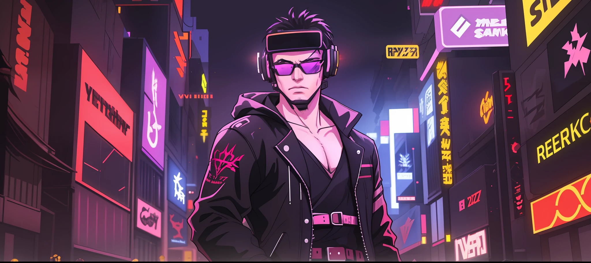 a man in a black jacket and glasses stands in front of a futuristic city, vr game, cyberpunk vibe, cyberpunk vibes, deeper into the metaverse we go, has cyberpunk style, cyberpunk theme, in cyber punk 2077, cyberpunk futuristic, cyberpunk future, synthwave, wearing cyberpunk streetwear, futuristic cyberpunk, cyberpunk tech, retro cyberpunk, synthwave style
