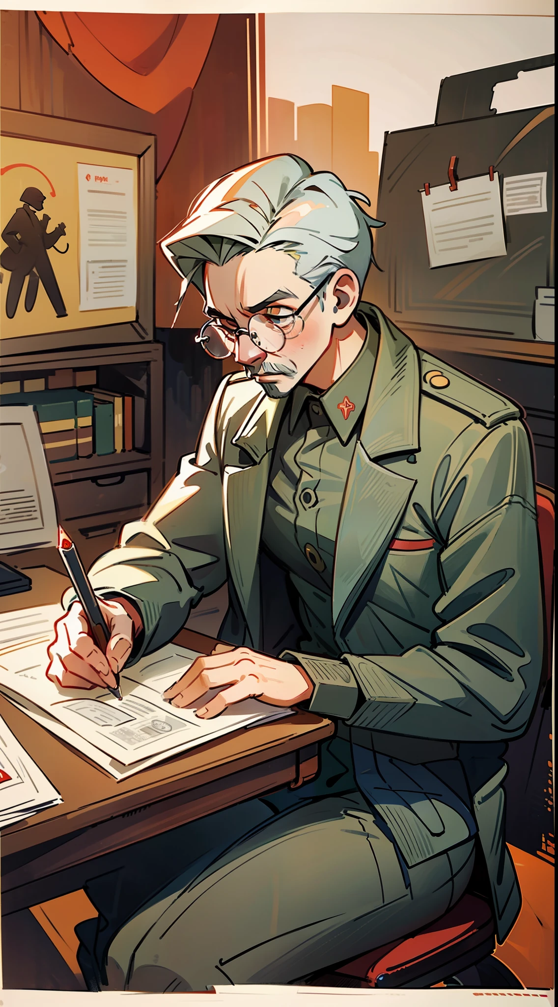 (masterpiece), (great detail), Soviet propaganda poster, a former professor in gray suit and glasses reviewing documents in his office, white background, red letters in Russian (embossed and very detailed), illustration only in three colors, edges of illustration worn paper, general vintage mustard tone