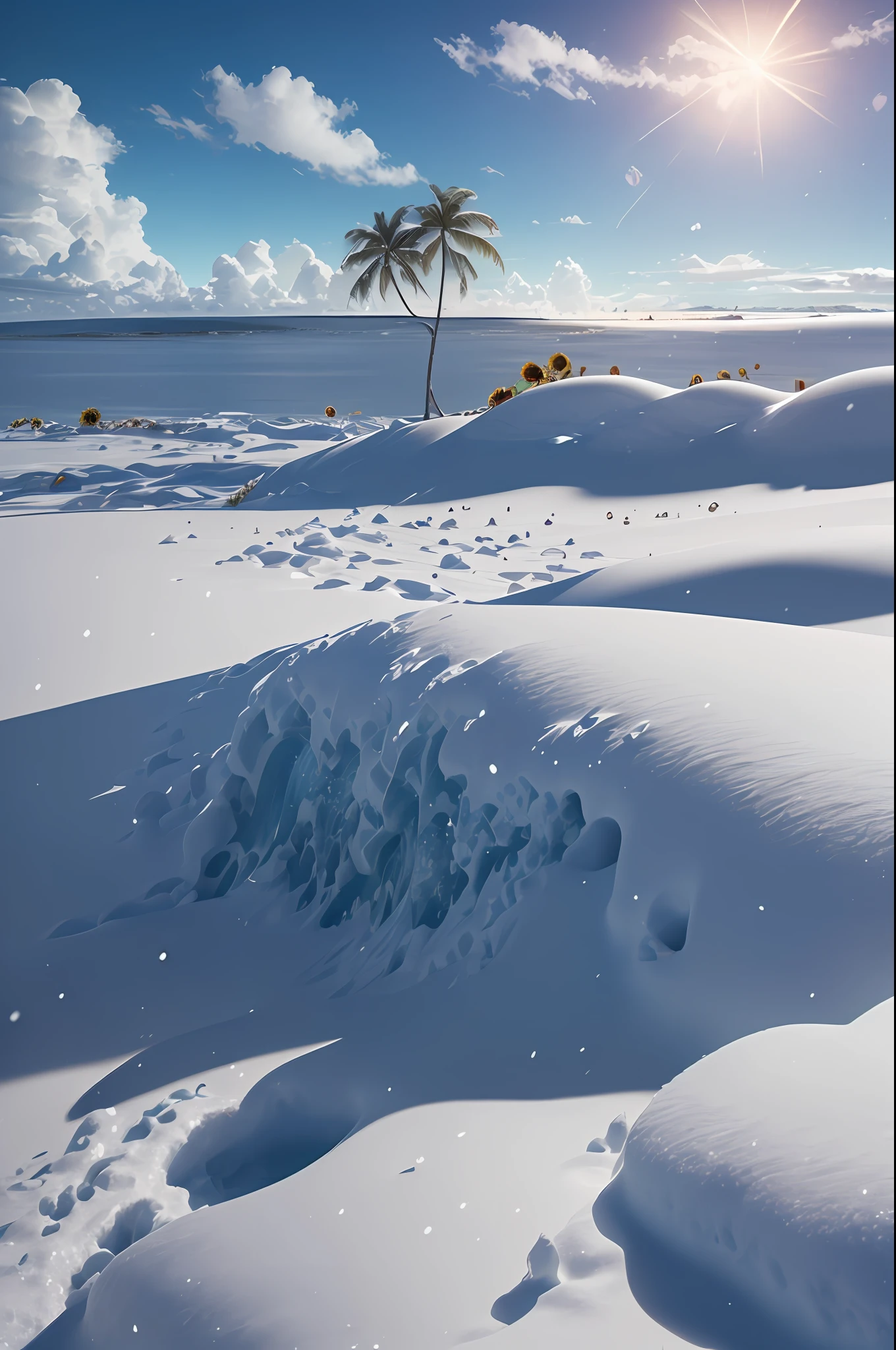 Top Quality, Masterpiece, Ultra High Resolution, (Photorealistic: 1.4), Raw Photo, Hawaii, Snow, Waves, Blue Sky, Palm Tree Sun, Clouds, (((Float)), ((Ultra Realistic Detail)), Portrait, Octane Rendering, 8K, Ultra Sharp ((Snow)), Snowman, Sunflower