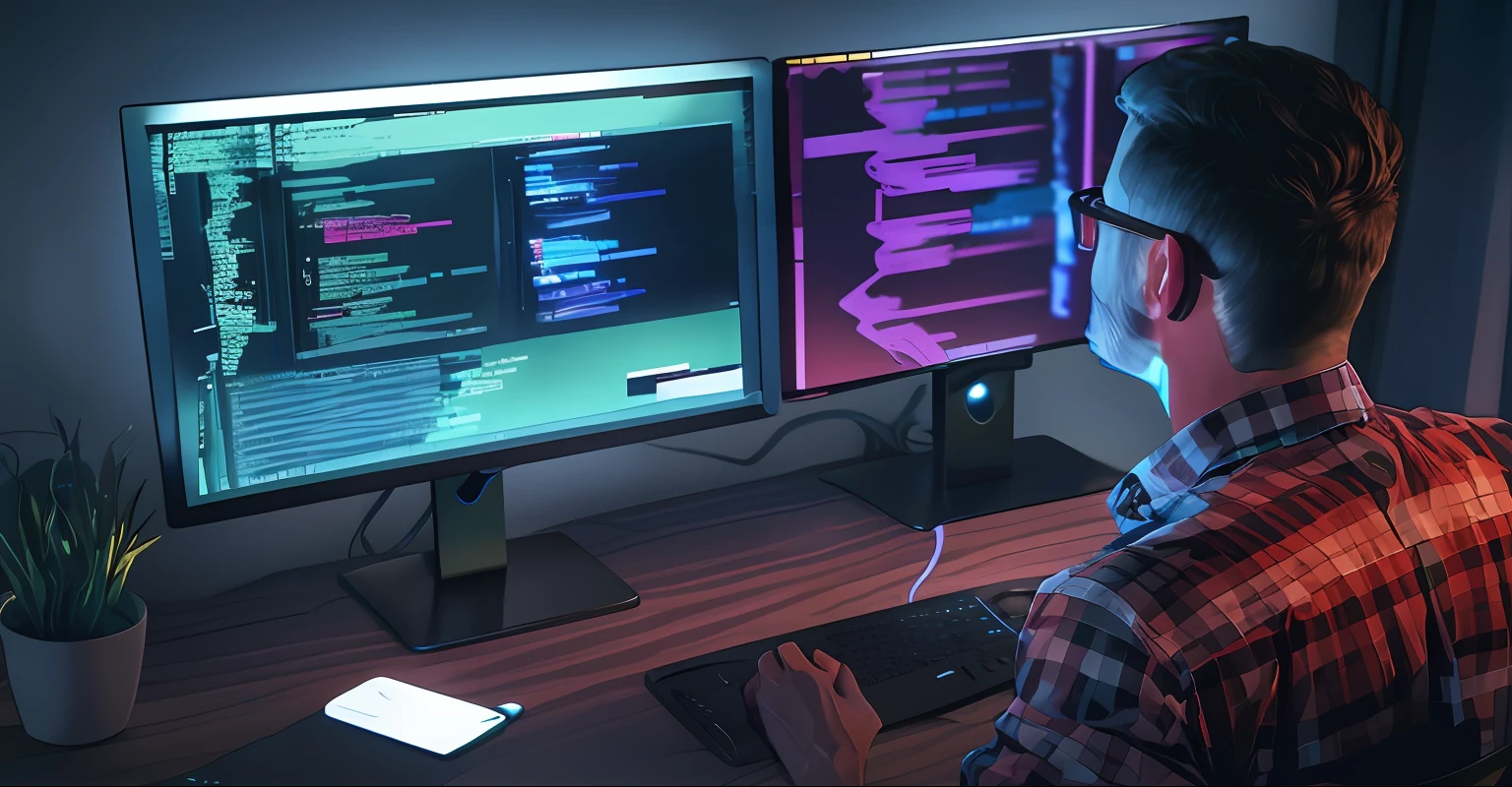 there is a man sitting at a desk with two computer monitors, creative coder with a computer, future coder man looking on, programmer, developers, programming, coding time, mid-shot, mid - shot, a python programmer's despair, creative coding, sitting at a computer, coding, hacking into the mainframe, technical, sitting in front of computer