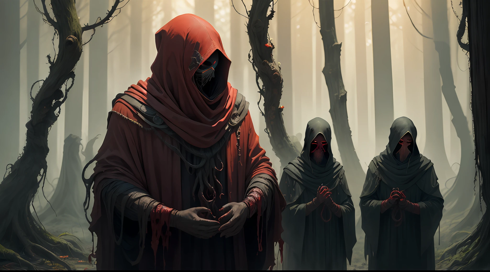 Long shot, a group of red masked cultists doing a ritual in the forest, cosmic horror, tentacles, dark humor, dark environment, night, horror, blood, fantastic, fear, panic, despair, dark red dark mist
