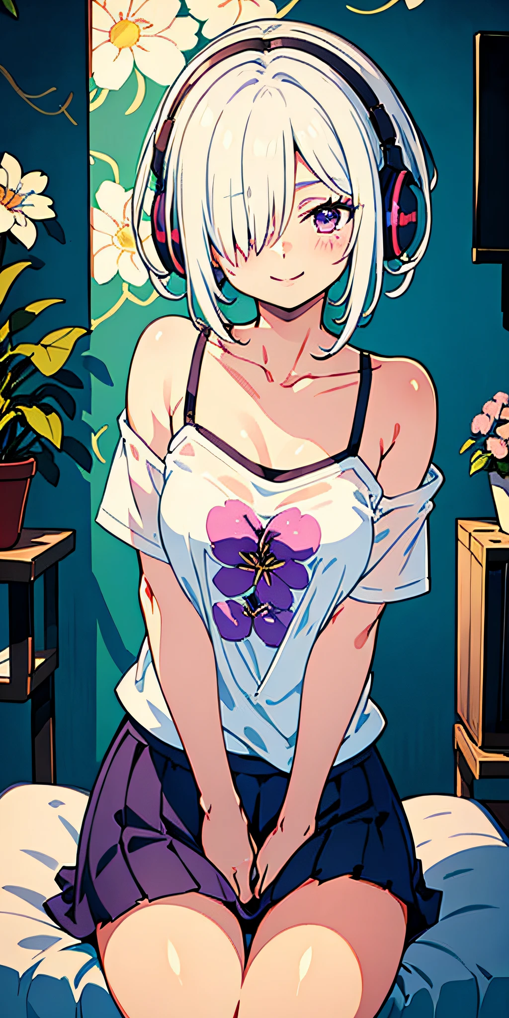 1girl, hair over one eye, parted lips, blush, makeup, light smile, white hair, t-shirt, skirt, headphones, glow, thighs, purple eye, bare shoulders, collarbone, narrow waist, bedroom, sunlight, flower, (masterpiece), underwear, potted plant, television, wallpaper, sunbeam,