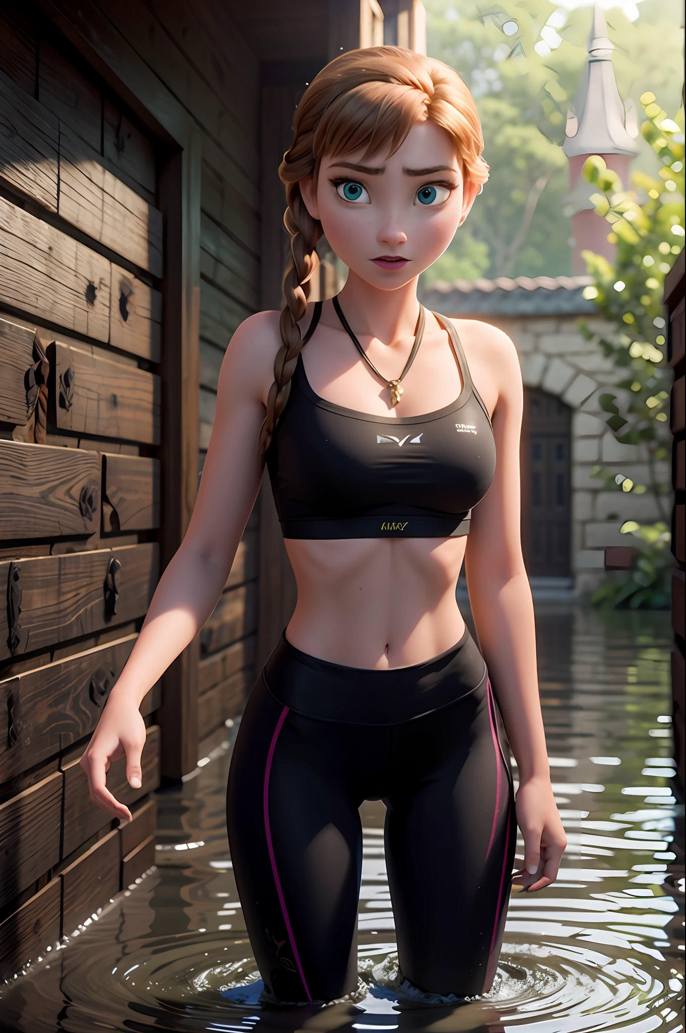 Photo of Anna of Arendelle standing in a flooded dungeon cell, hand tie to a chain Hanging from the ceiling. Wearing sexy gym clothes