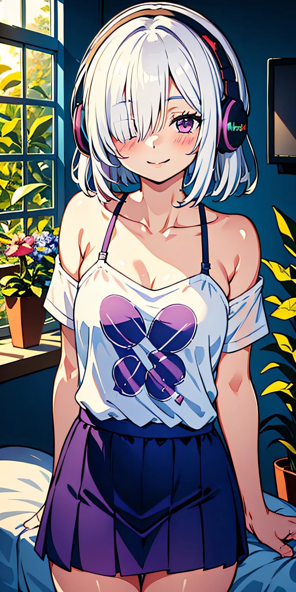 1girl, hair over one eye, parted lips, blush, makeup, light smile, white hair, t-shirt, skirt, headphones, glow, thighs, purple eye, bare shoulders, collarbone, narrow waist, bedroom, sunlight, flower, (masterpiece), underwear, potted plant, television, wallpaper, sunbeam,