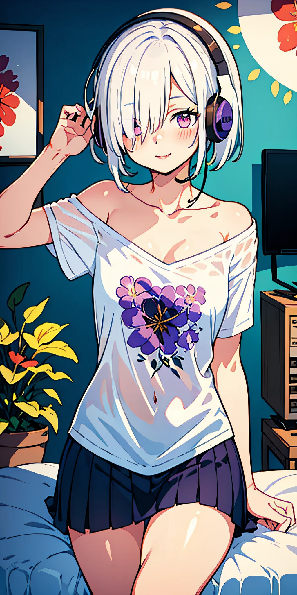 1girl, hair over one eye, parted lips, blush, makeup, light smile, white hair, t-shirt, skirt, headphones, glow, thighs, purple eye, bare shoulders, collarbone, narrow waist, bedroom, sunlight, flower, (masterpiece), underwear, potted plant, television, wallpaper, sunbeam,