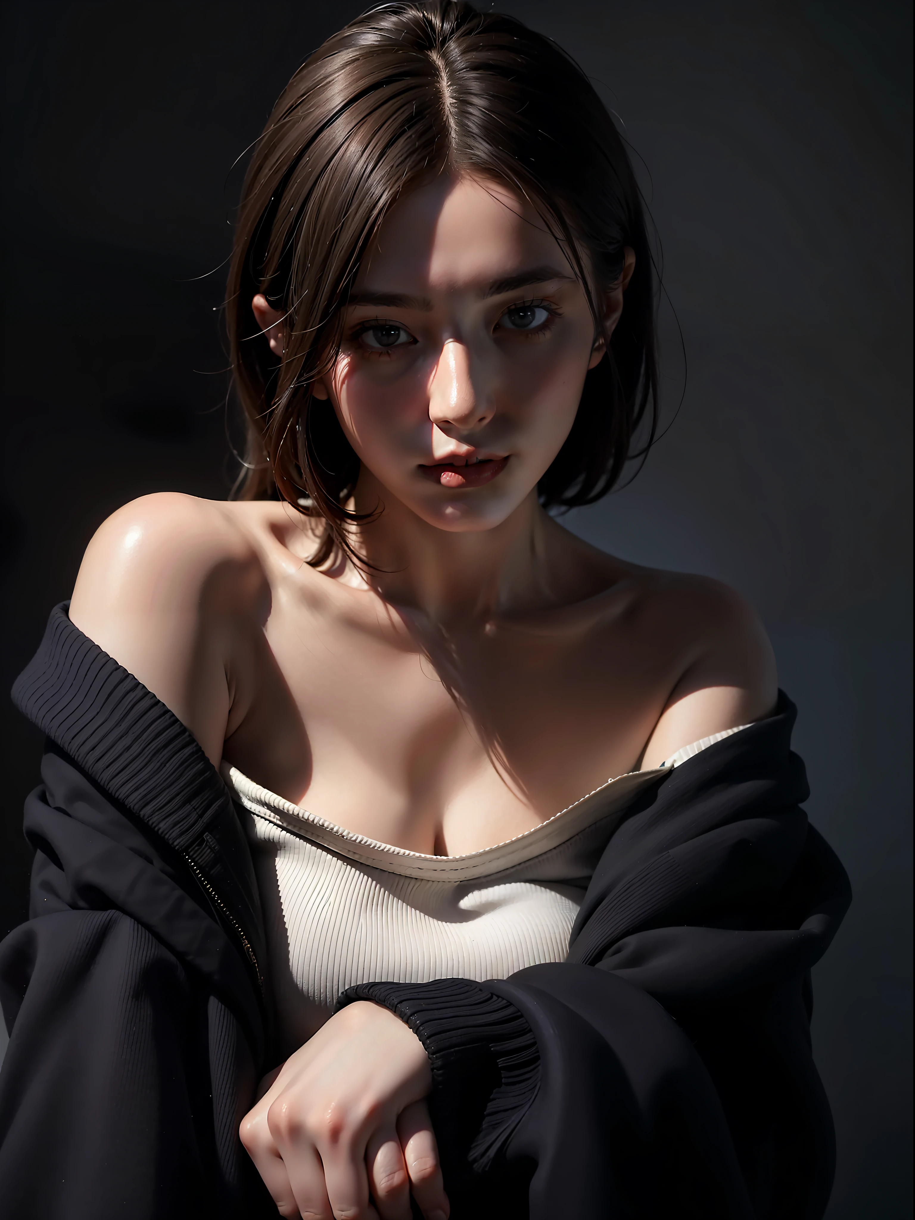 Best quality, masterpiece, ultra high res, (photorealistic:1.4), raw photo, 1girl, offshoulder, in the dark, deep shadow, low key, cold light