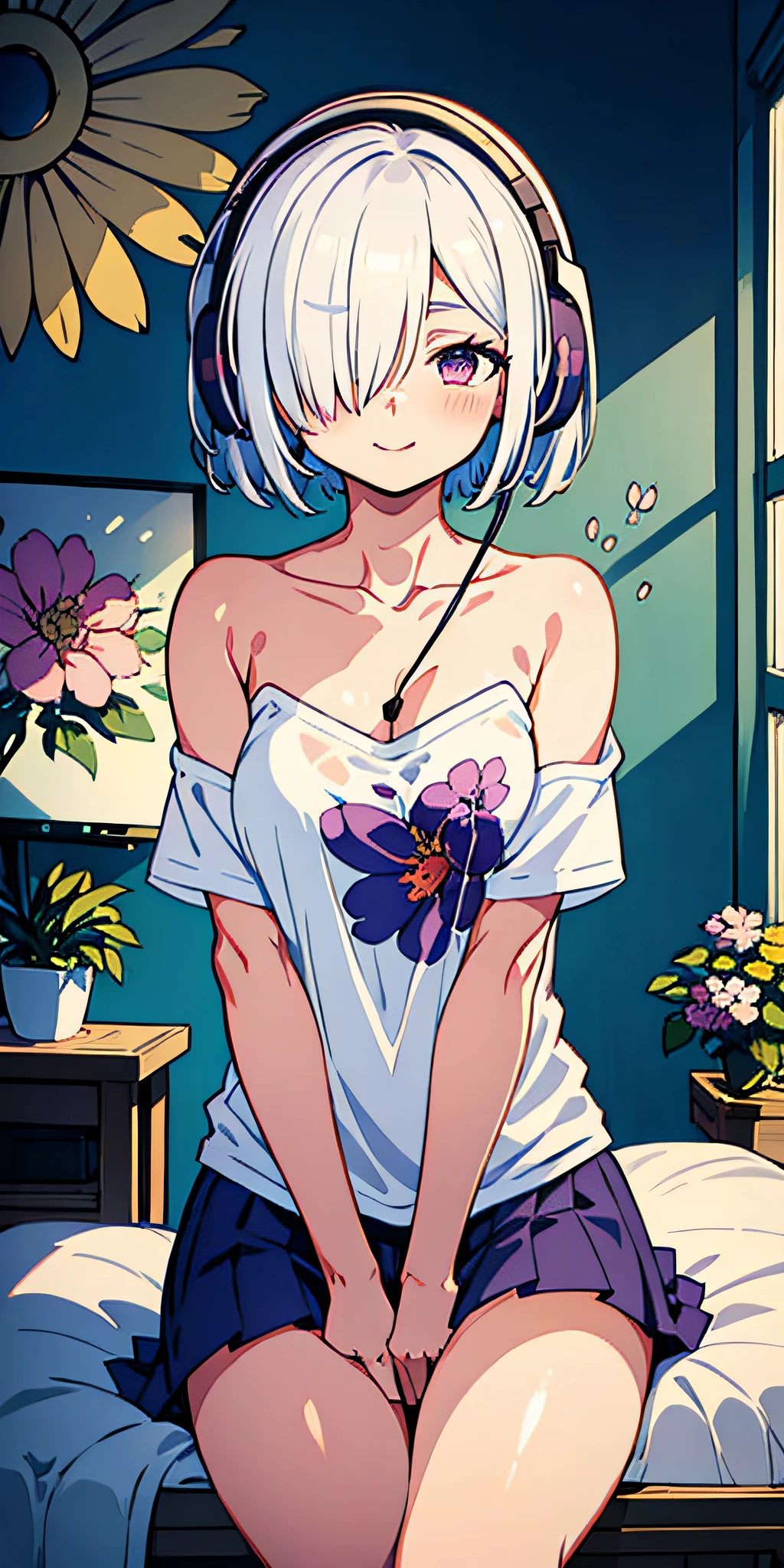 1girl, hair over one eye, parted lips, blush, makeup, light smile, white hair, t-shirt, skirt, headphones, glow, thighs, purple eye, bare shoulders, collarbone, narrow waist, bedroom, sunlight, flower, (masterpiece), underwear, potted plant, television, wallpaper, sunbeam,