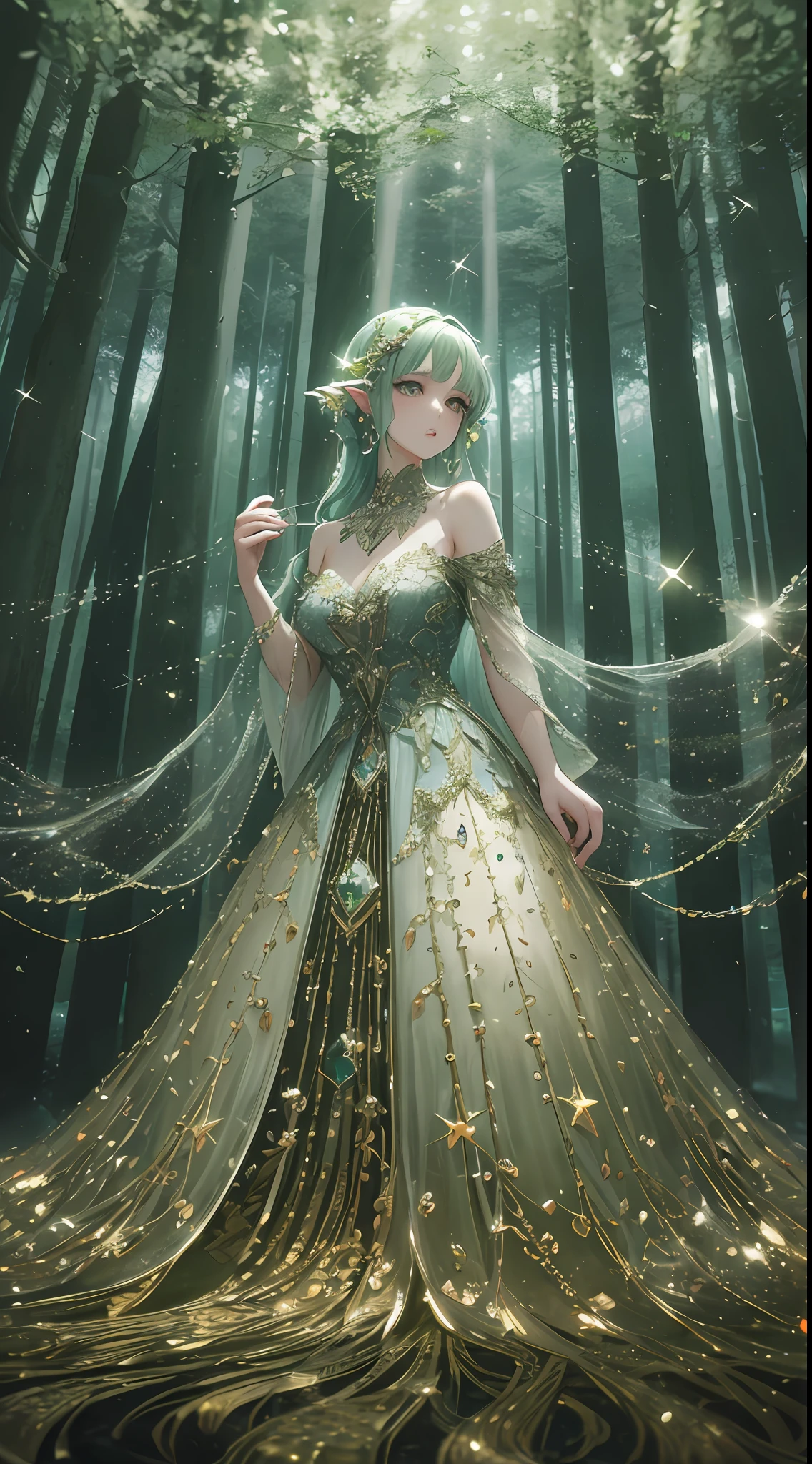 Masterpiece, ultra-high resolution, in a fantastic forest, countless lights shining through the trees, infinite depth, very beautiful and detailed green dress, crystal clear dress, craftsmanship, top quality, 9 life women, crystal effect, silver accessories, forest fairy, forest spirit, (Maximalism: 1.8)