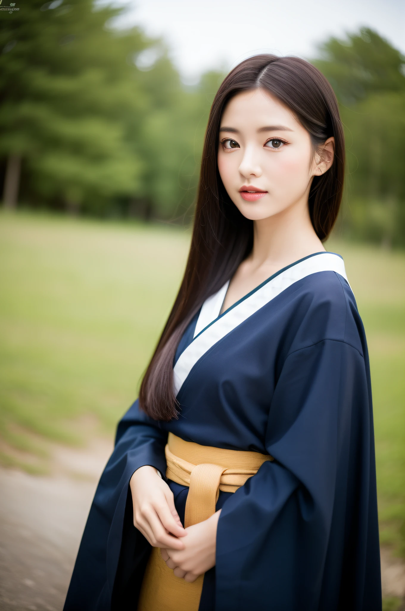 ((Best Quality, 8K, Masterpiece: 1.3)), Sharp Focus: 1.2, (Super Beautiful Face: 1.0), (Slender Abs Beauty: 1.0), (Shiny Skin: 1.0), Realistic Photography, Black Hair, Realistic Pupils, Video Lighting, High Resolution Eyes and Face, Video Lighting, (Cowboy Shot: 1.3), (Kimono, Hakama, Obi: 1.4), (Korean Cute Actress), Traditional Kimono, Big