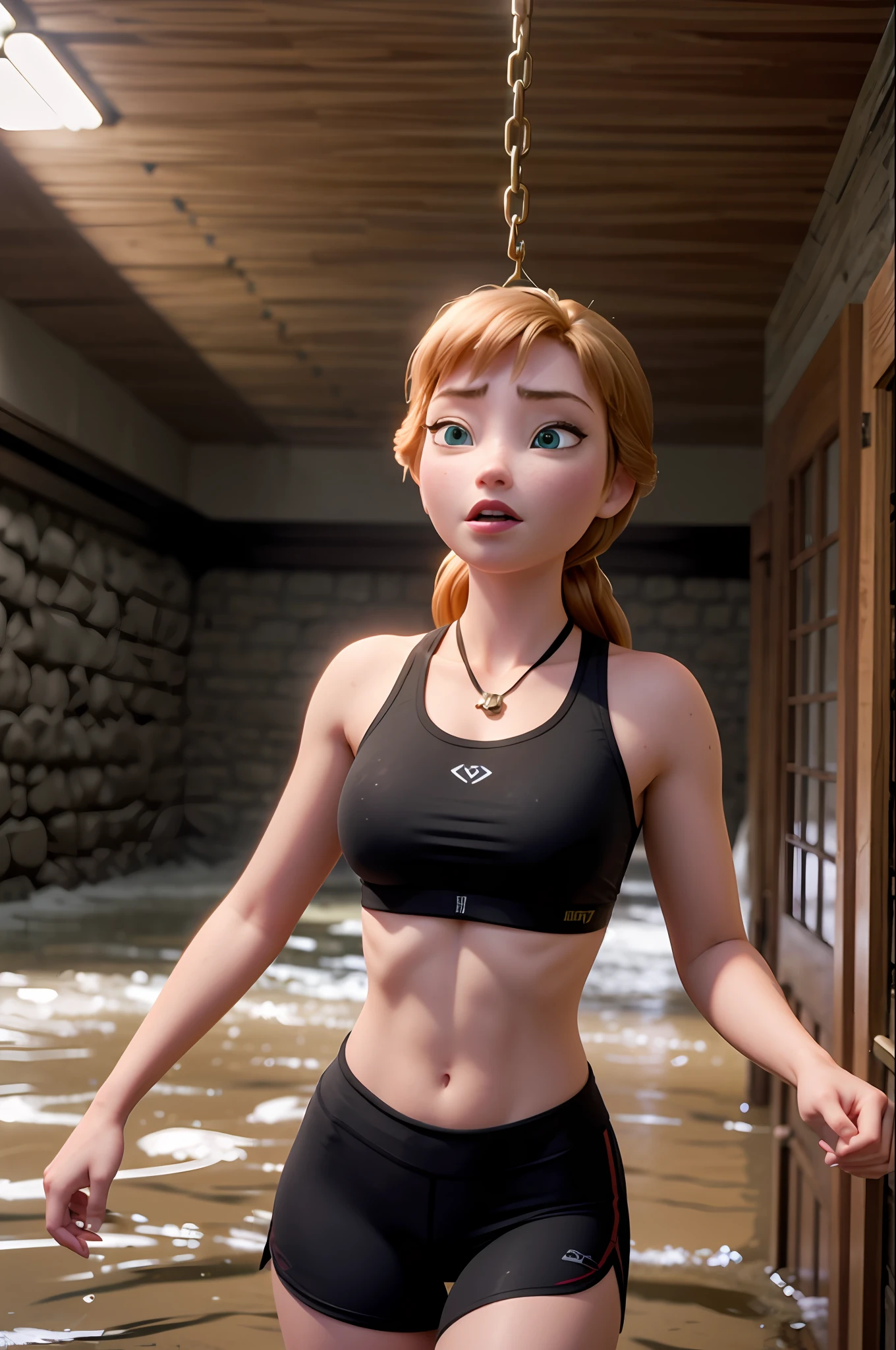 Photo of Anna of Arendelle standing in a flooded dungeon cell, hand tie to a chain Hanging from the ceiling. Wearing sexy gym clothes