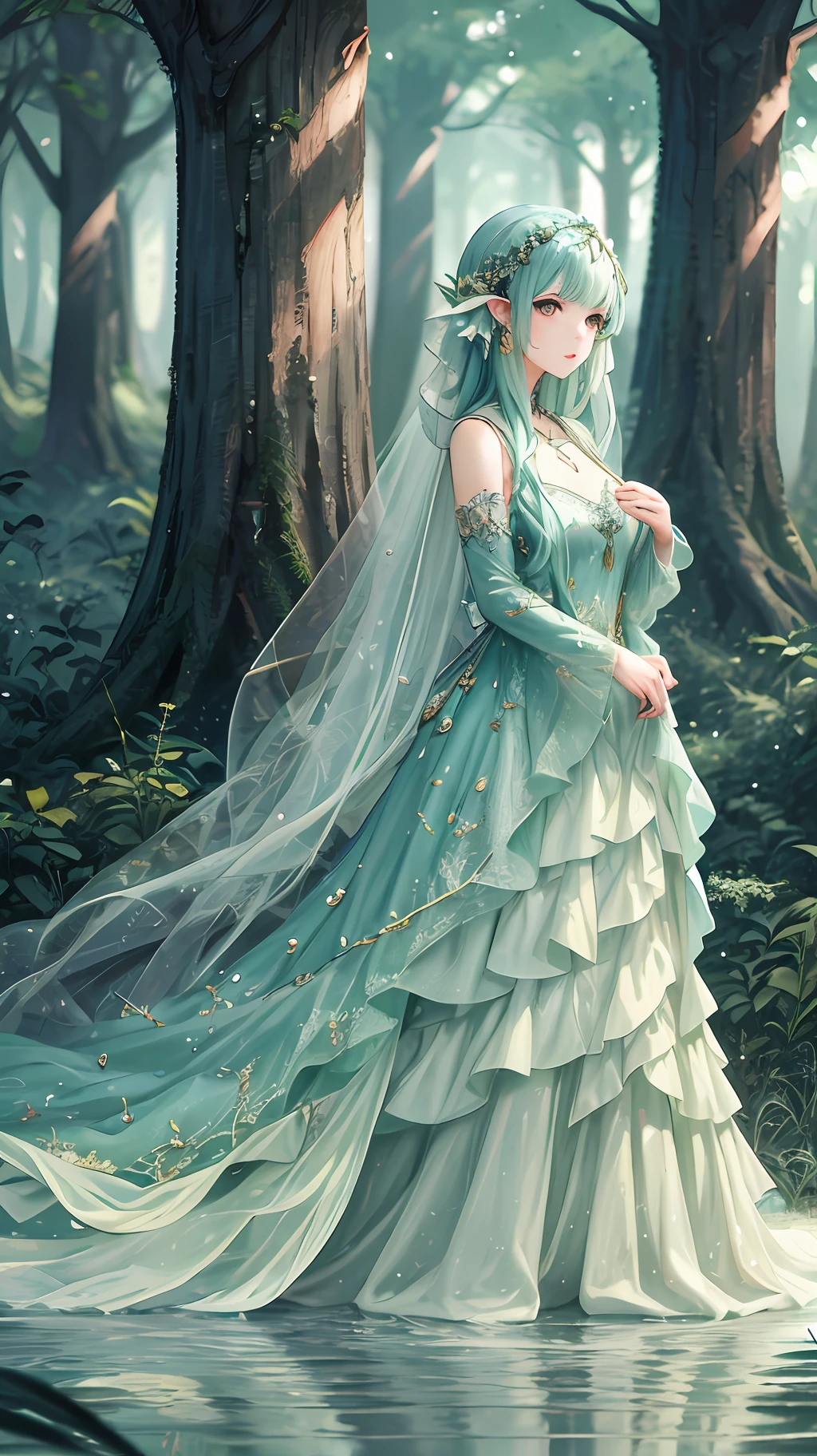 Masterpiece, ultra-high resolution, fantastic forest, countless lights shining through the trees, infinite depth, very beautiful and detailed green dress, crystal clear dress, craftsmanship, top quality, 9 life woman, crystal effect, silver accessories, forest fairy, forest spirit, (Maximalism: 1.5)